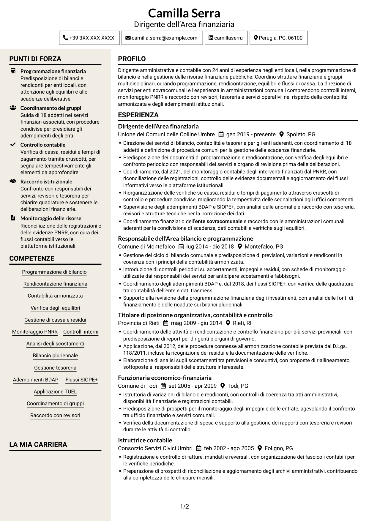 CV Intraprendente (formato a due colonne con intestazione centrata senza foto): Dirigente amministrativo-contabile, pagina 1