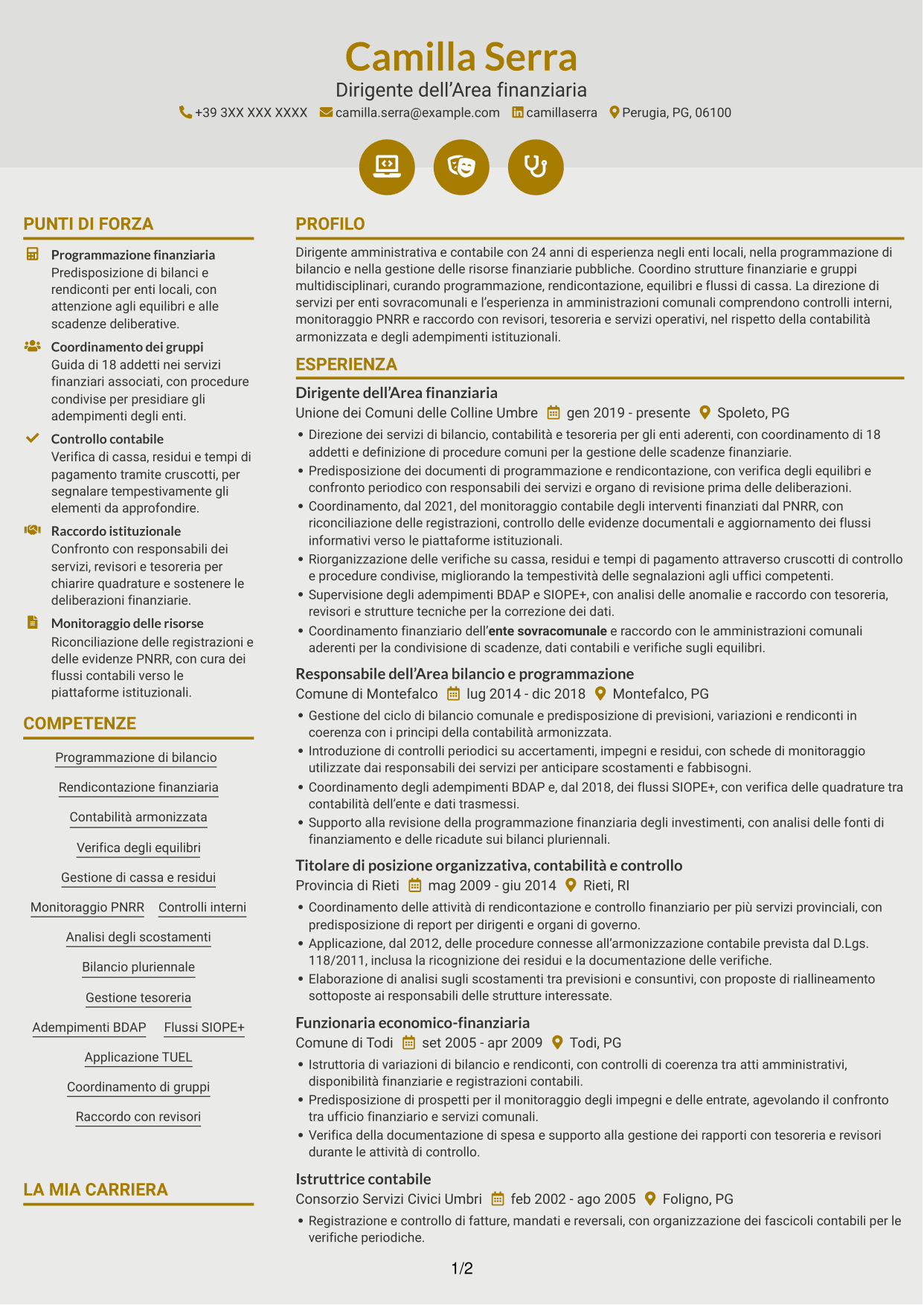 CV Dinamico (formato a due colonne con icone): Dirigente amministrativo-contabile, pagina 1