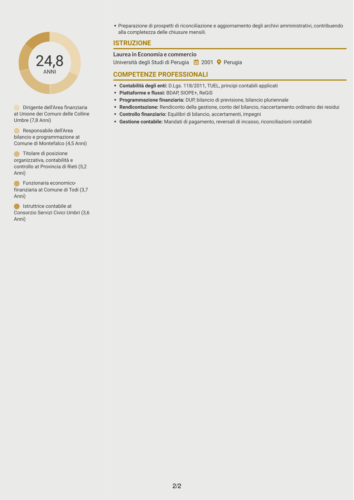 CV Dinamico (formato a due colonne con icone): Dirigente amministrativo-contabile, pagina 2