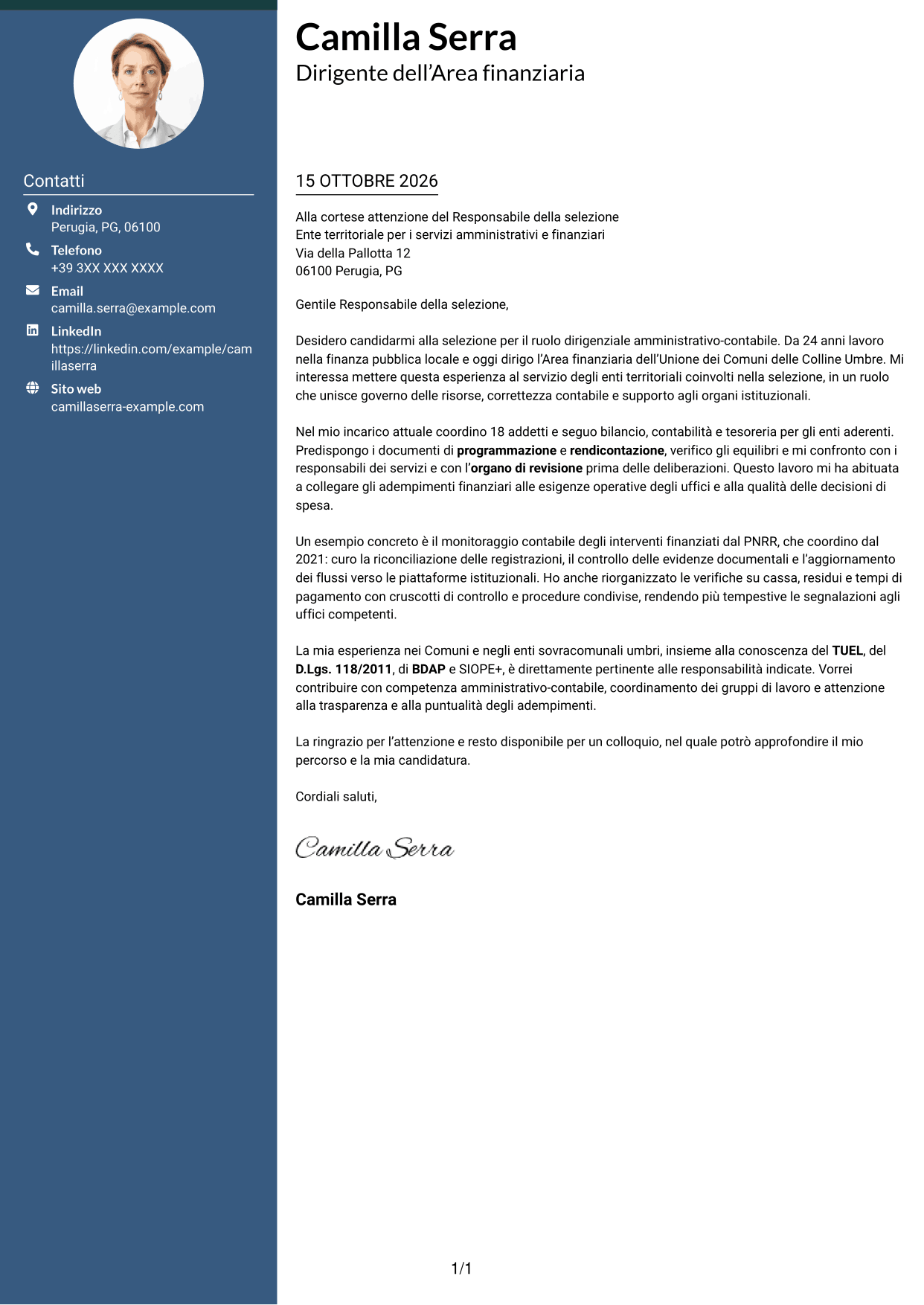 Lettera di presentazione Elegante (formato con colonna laterale colorata e foto): Dirigente amministrativo-contabile, pagina 1