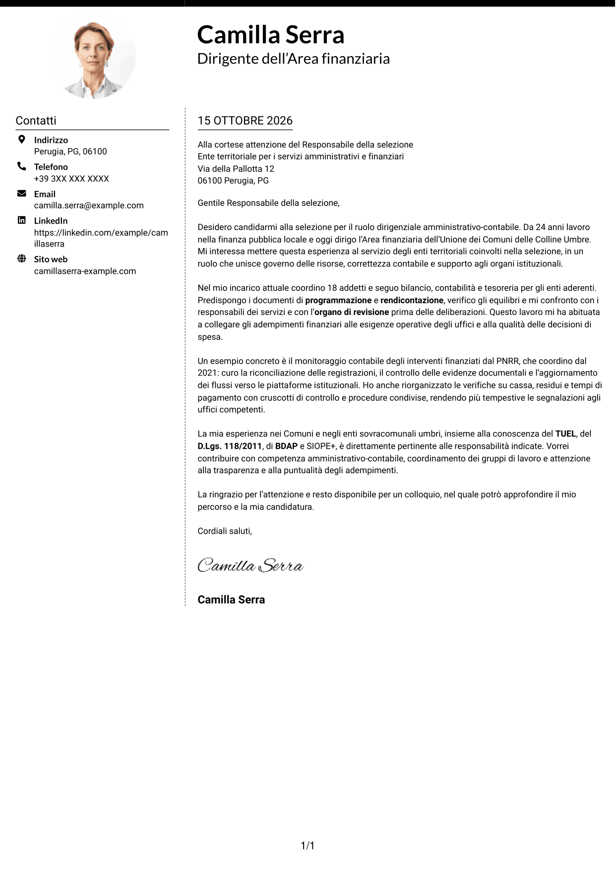 Lettera di presentazione Moderno (formato a due colonne con foto a sinistra e separatore): Dirigente amministrativo-contabile, pagina 1