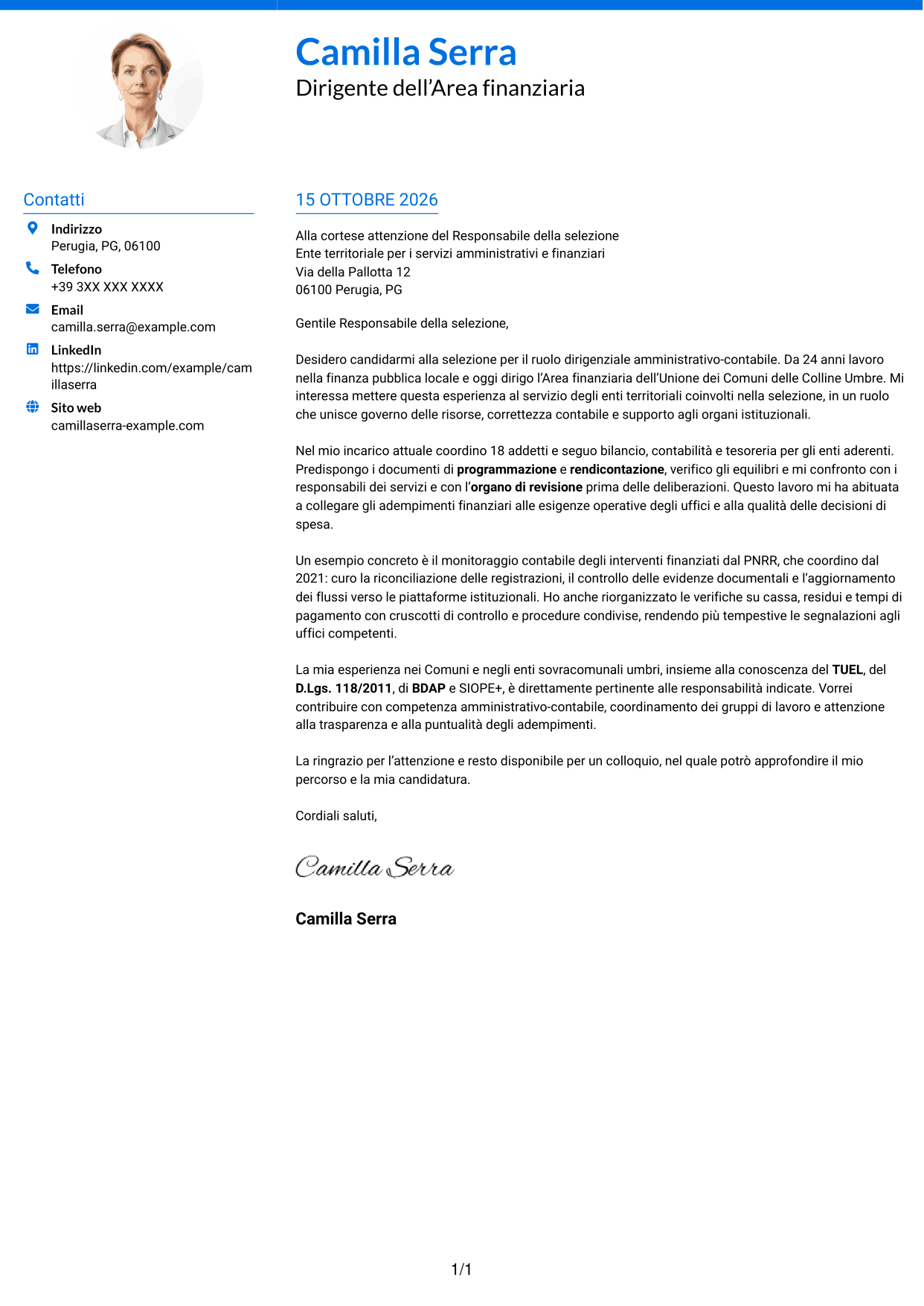 Lettera di presentazione Audace (formato a due colonne con accenti colorati e foto): Dirigente amministrativo-contabile, pagina 1