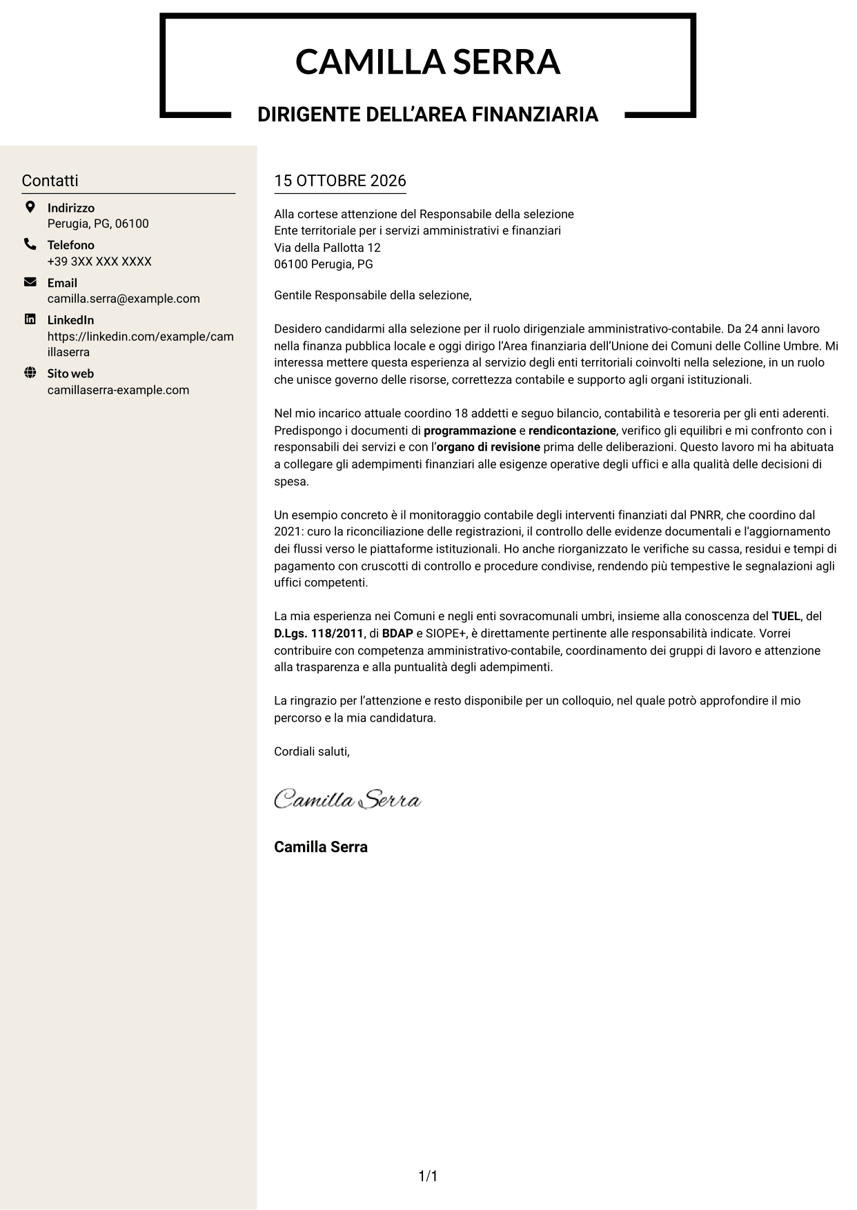 Lettera di presentazione Intraprendente (formato a due colonne con intestazione centrata senza foto): Dirigente amministrativo-contabile, pagina 1