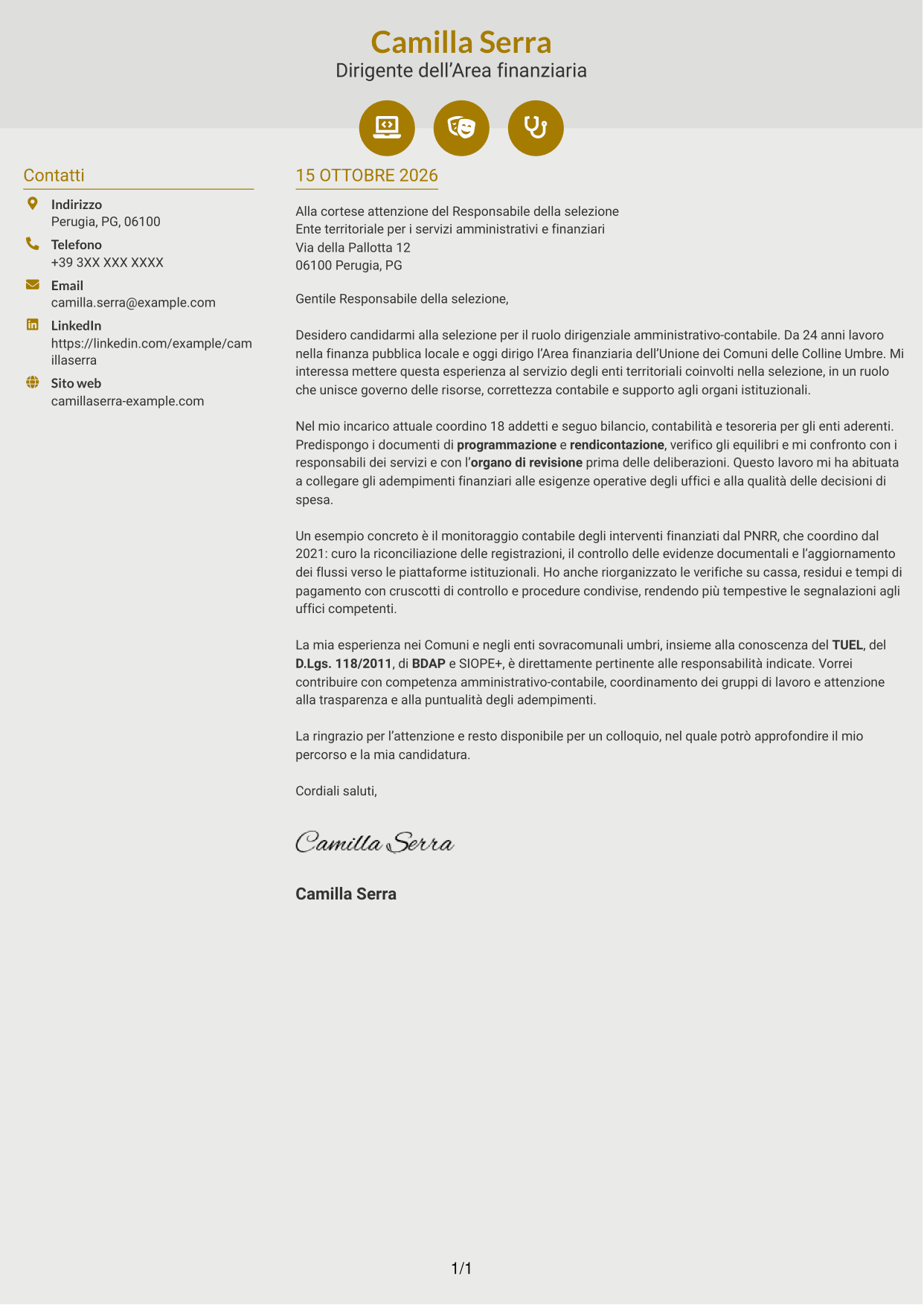Lettera di presentazione Dinamico (formato a due colonne con icone): Dirigente amministrativo-contabile, pagina 1