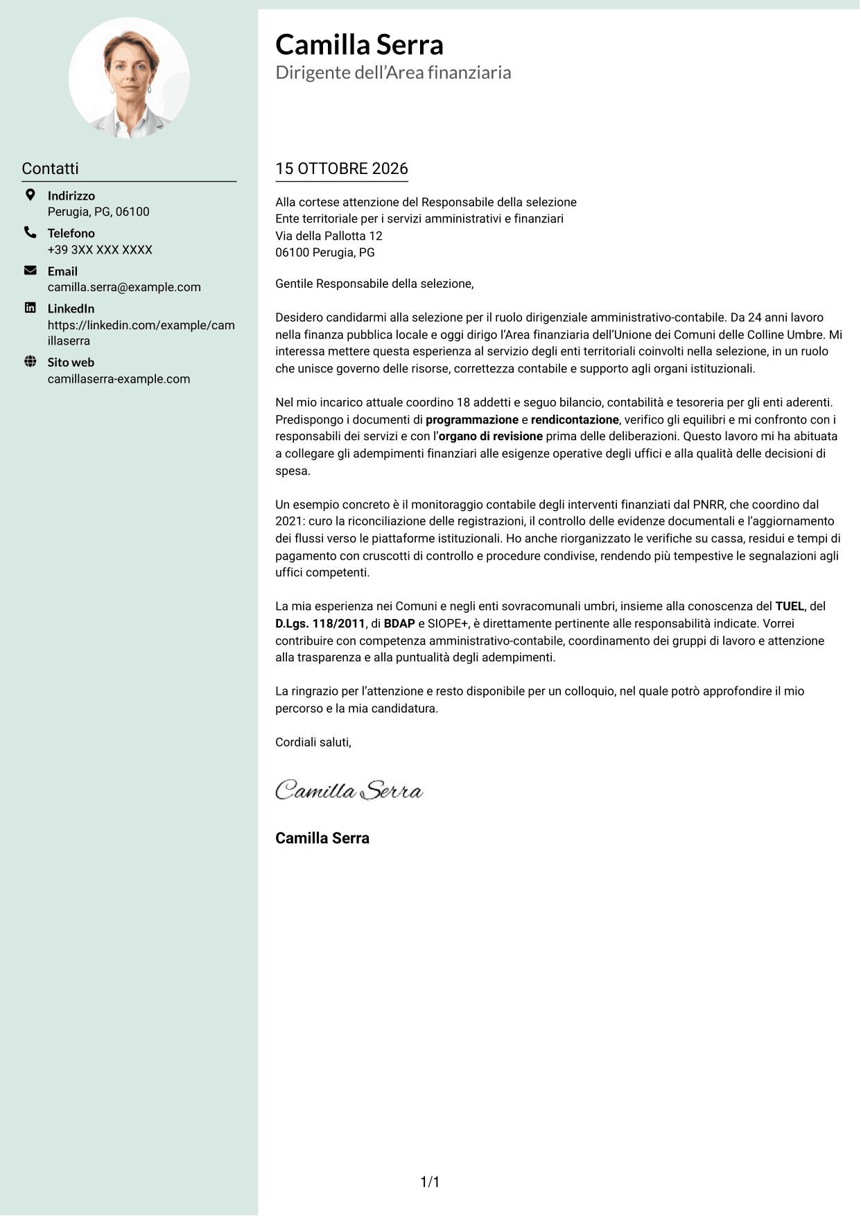 Lettera di presentazione Dirigente (formato con colonna laterale tenue e foto arrotondata): Dirigente amministrativo-contabile, pagina 1
