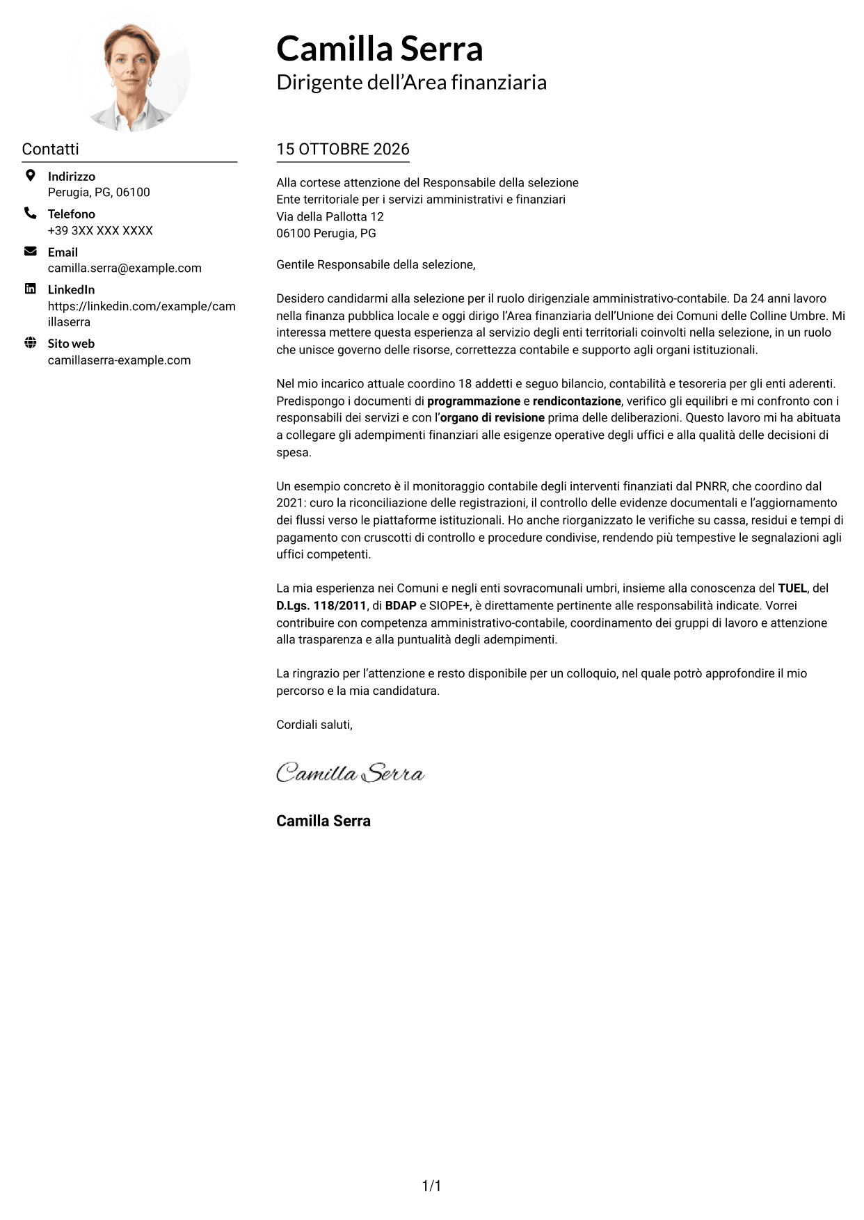 Esempio di lettera di presentazione — pagina 1