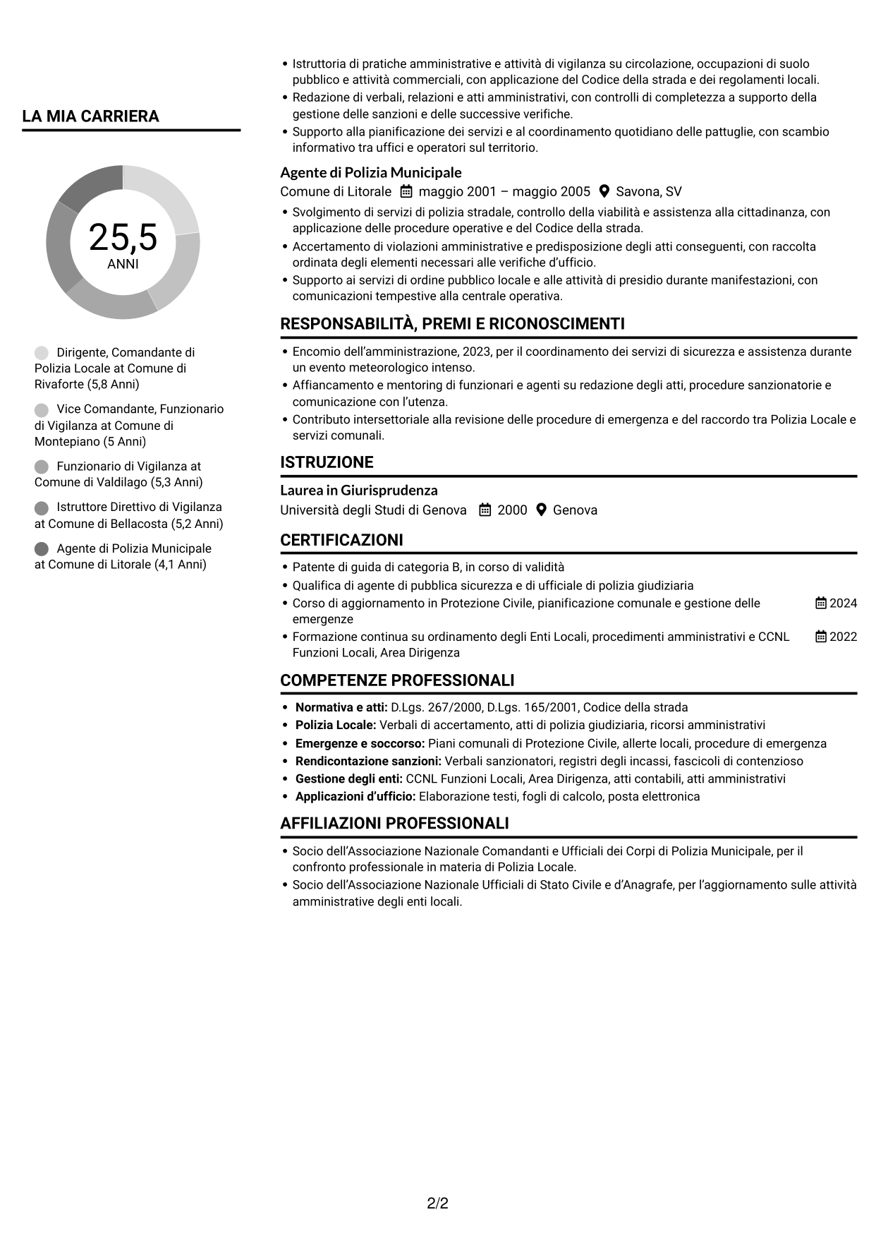 CV Compatto (formato sobrio a due colonne con foto): Dirigente, Comandante di Polizia Locale - Sicurezza e Protezione Civile, pagina 2