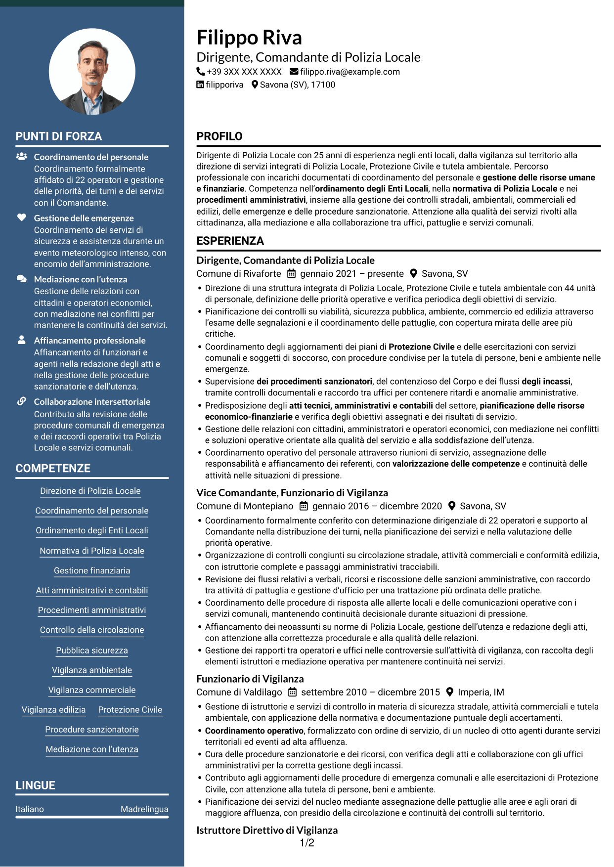 CV Elegante (formato con colonna laterale colorata e foto): Dirigente, Comandante di Polizia Locale - Sicurezza e Protezione Civile, pagina 1