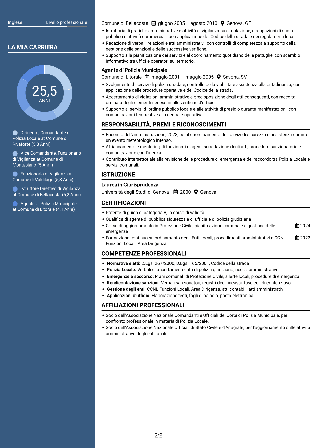 CV Elegante (formato con colonna laterale colorata e foto): Dirigente, Comandante di Polizia Locale - Sicurezza e Protezione Civile, pagina 2