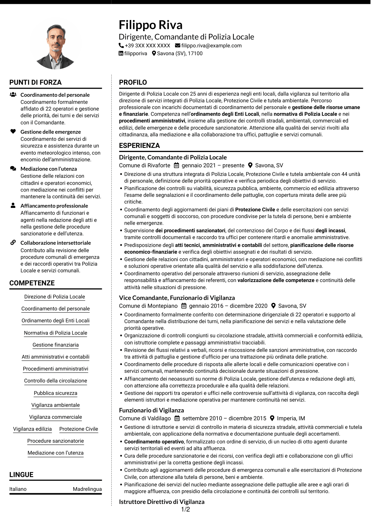 CV Moderno (formato a due colonne con foto a sinistra e separatore): Dirigente, Comandante di Polizia Locale - Sicurezza e Protezione Civile, pagina 1