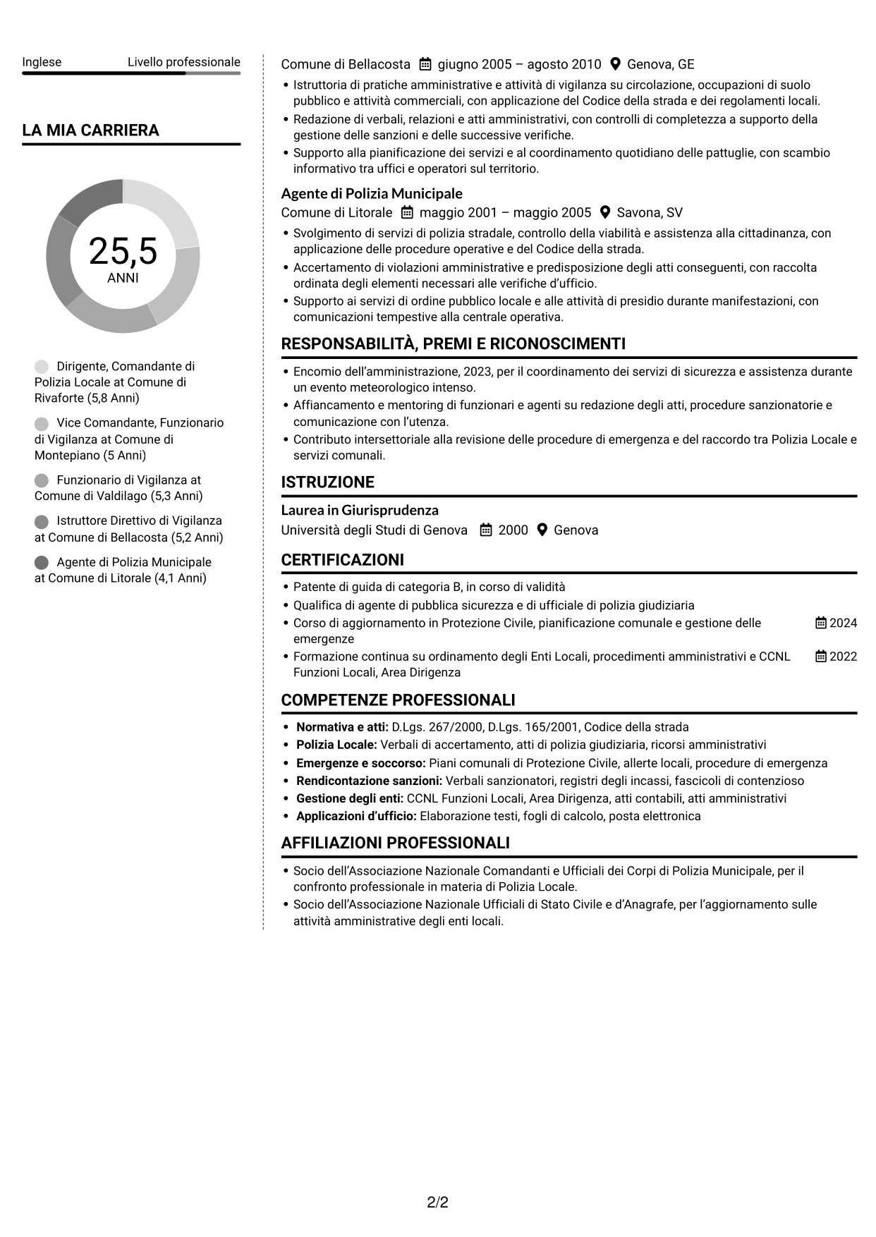 CV Moderno (formato a due colonne con foto a sinistra e separatore): Dirigente, Comandante di Polizia Locale - Sicurezza e Protezione Civile, pagina 2
