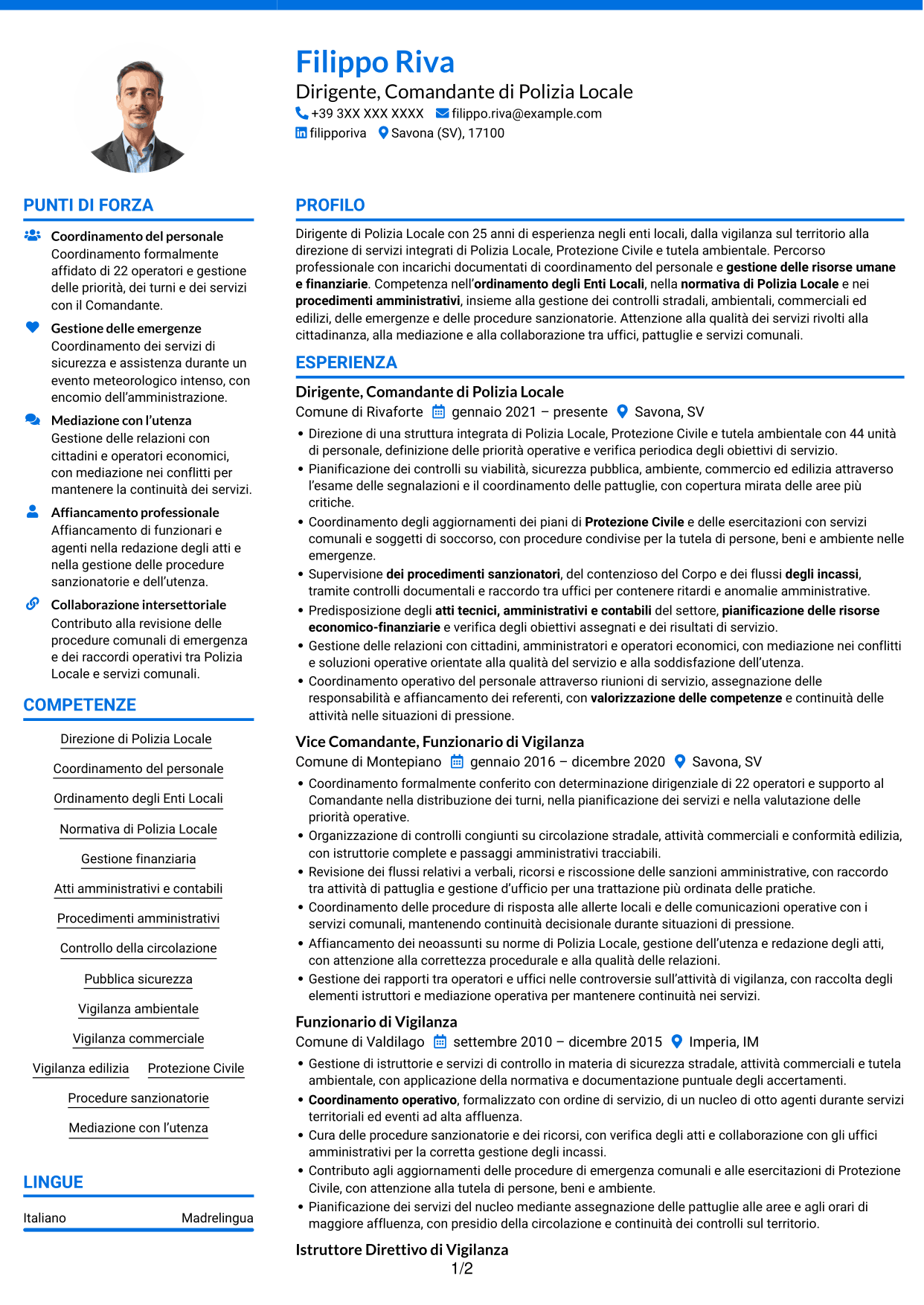 CV Audace (formato a due colonne con accenti colorati e foto): Dirigente, Comandante di Polizia Locale - Sicurezza e Protezione Civile, pagina 1