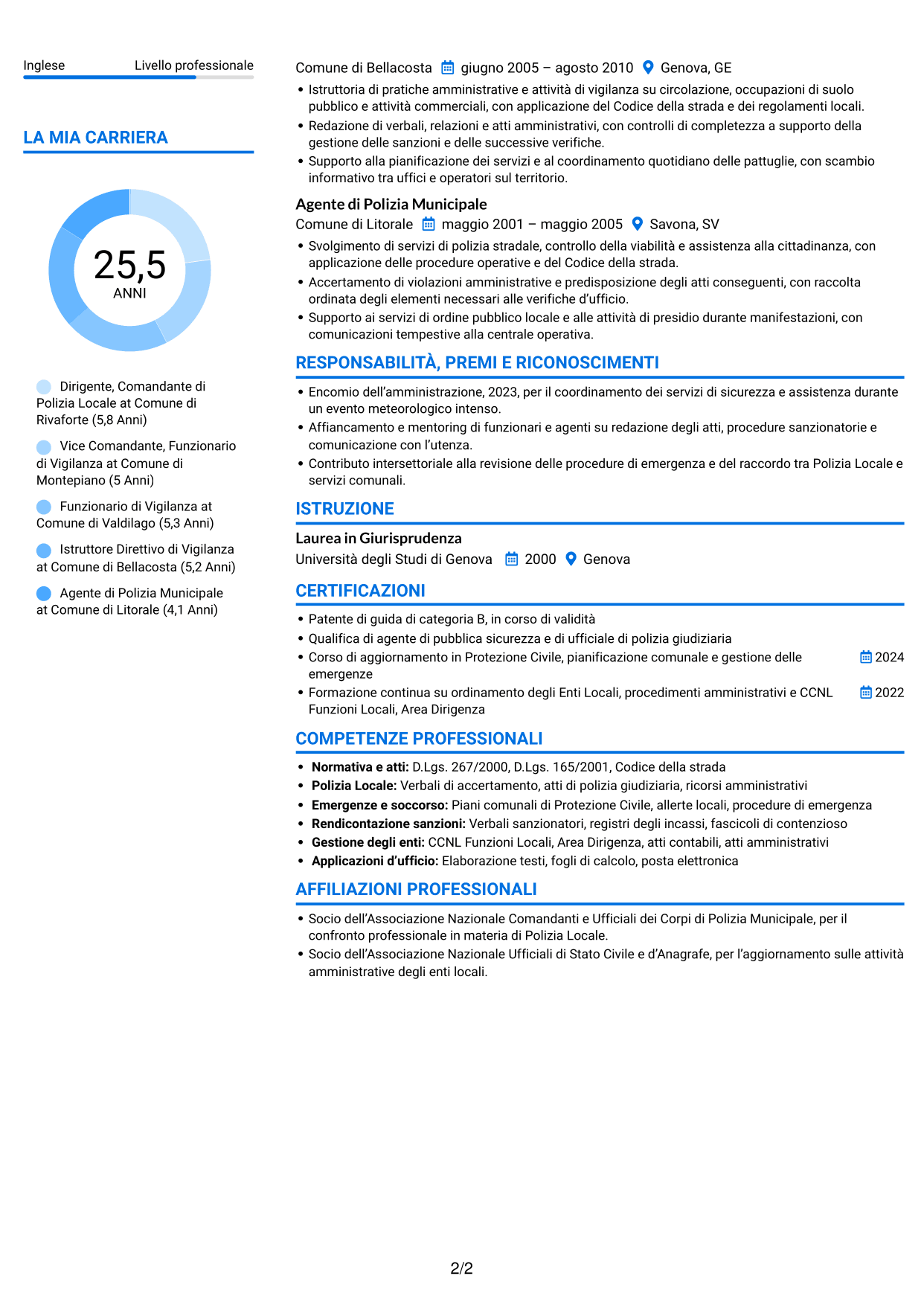 CV Audace (formato a due colonne con accenti colorati e foto): Dirigente, Comandante di Polizia Locale - Sicurezza e Protezione Civile, pagina 2