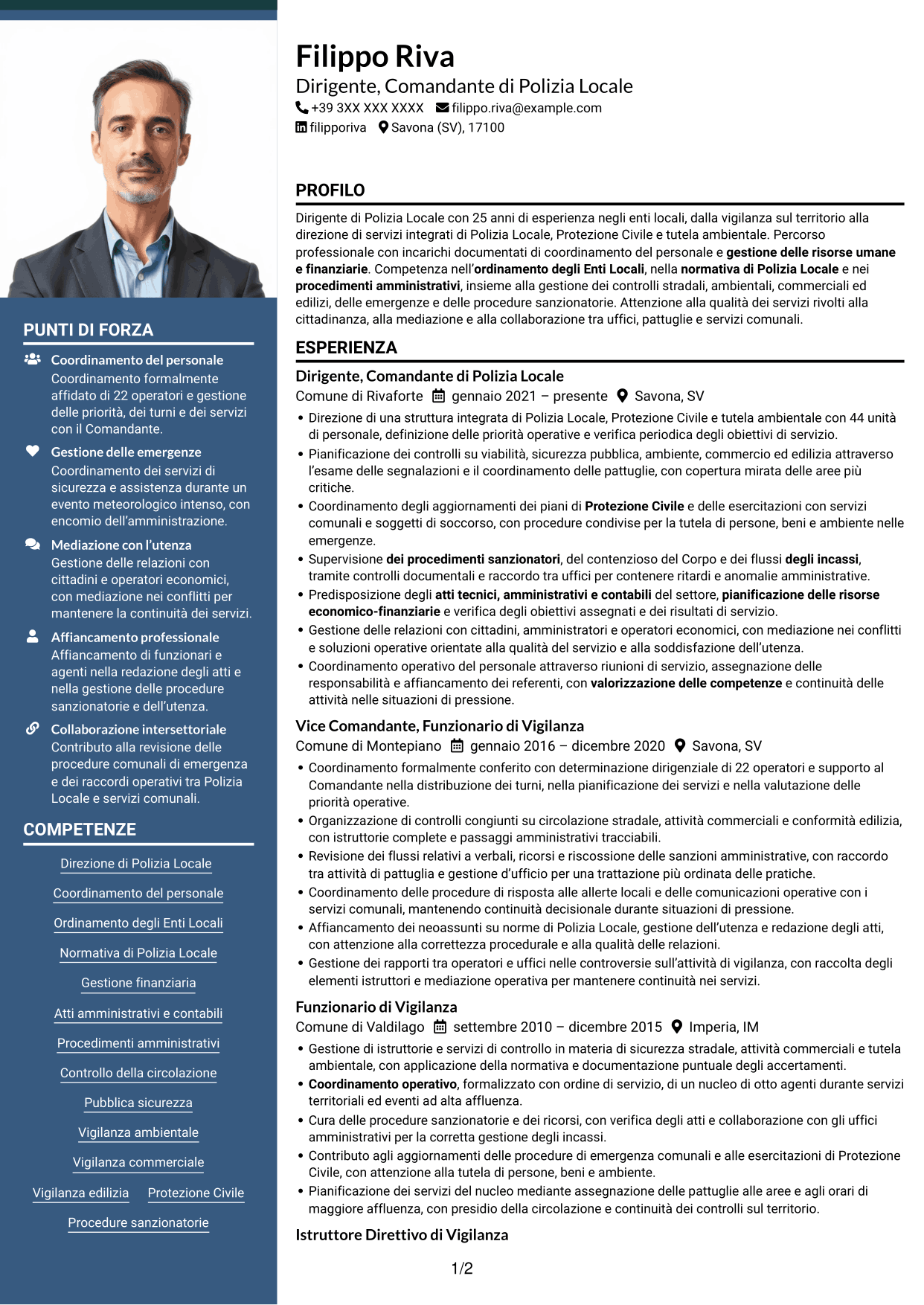 CV Signature (formato con colonna laterale colorata e foto grande): Dirigente, Comandante di Polizia Locale - Sicurezza e Protezione Civile, pagina 1