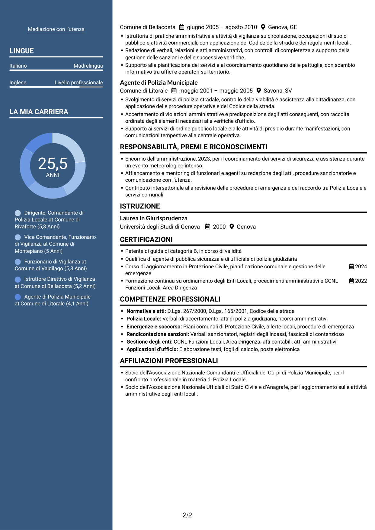 CV Signature (formato con colonna laterale colorata e foto grande): Dirigente, Comandante di Polizia Locale - Sicurezza e Protezione Civile, pagina 2