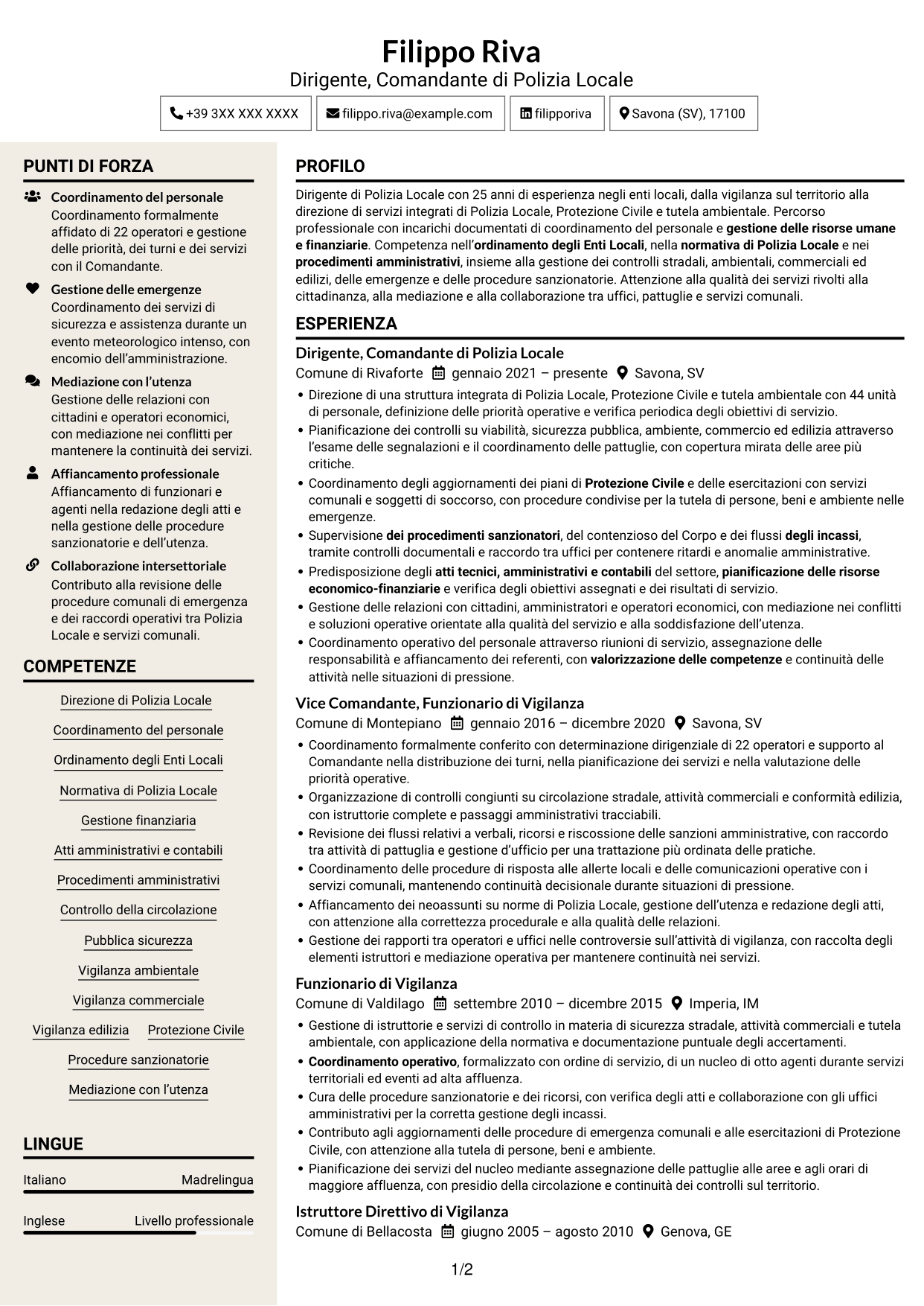 CV Intraprendente (formato a due colonne con intestazione centrata senza foto): Dirigente, Comandante di Polizia Locale - Sicurezza e Protezione Civile, pagina 1