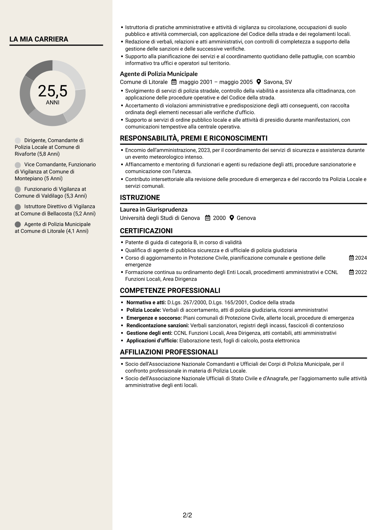 CV Intraprendente (formato a due colonne con intestazione centrata senza foto): Dirigente, Comandante di Polizia Locale - Sicurezza e Protezione Civile, pagina 2