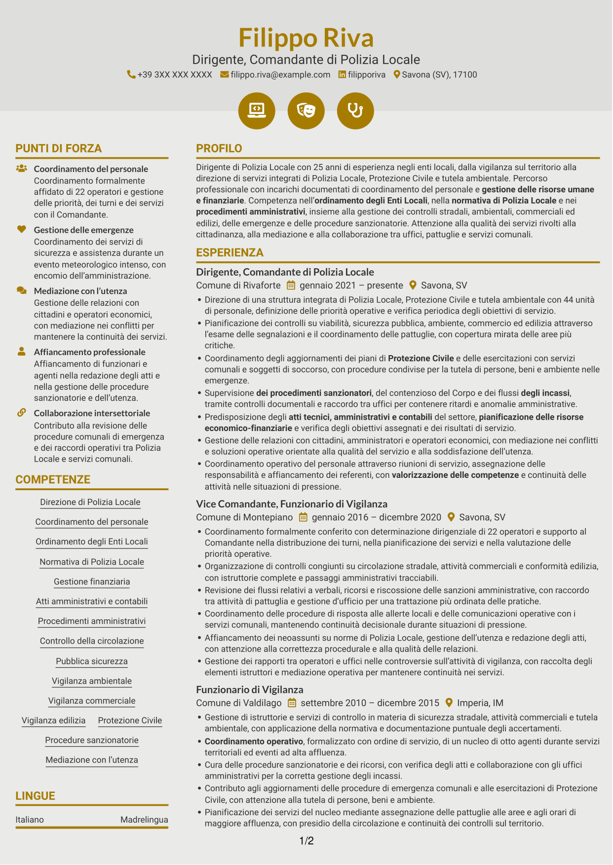 CV Dinamico (formato a due colonne con icone): Dirigente, Comandante di Polizia Locale - Sicurezza e Protezione Civile, pagina 1