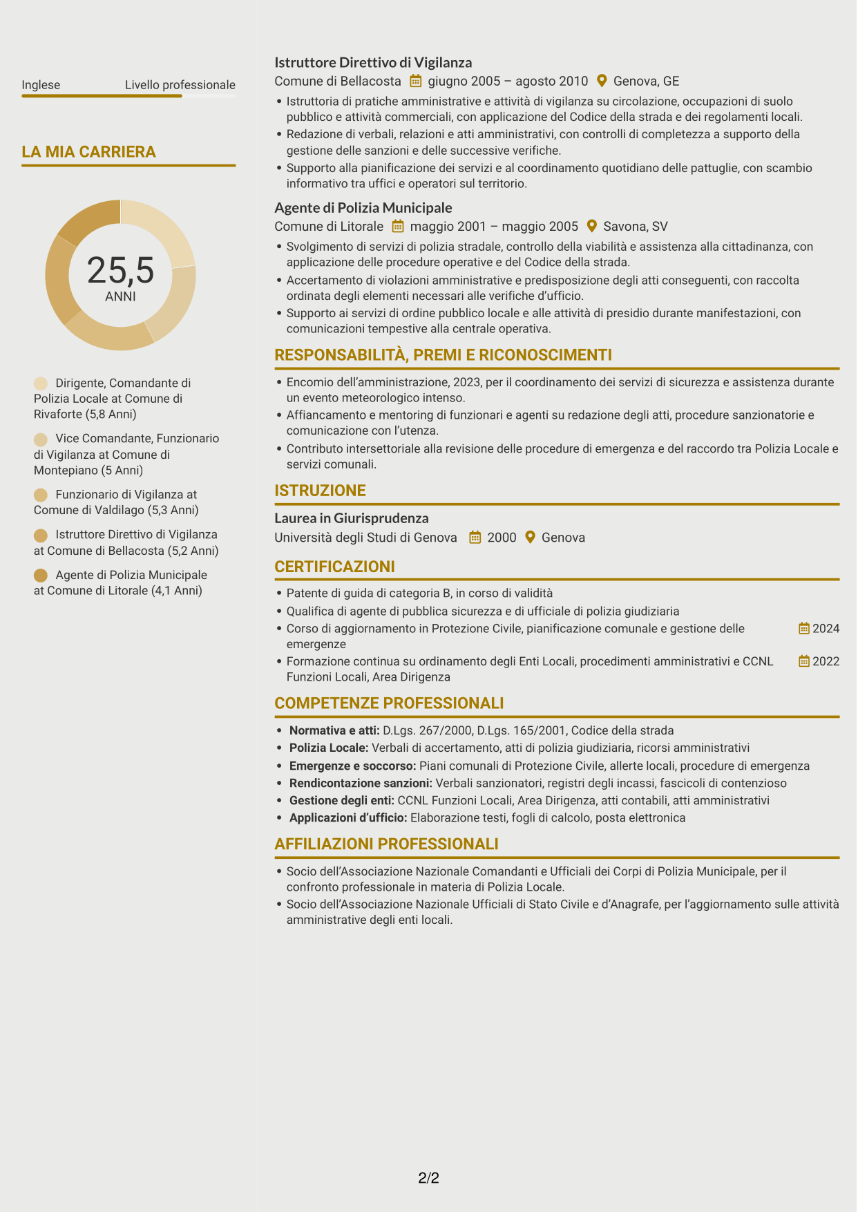 CV Dinamico (formato a due colonne con icone): Dirigente, Comandante di Polizia Locale - Sicurezza e Protezione Civile, pagina 2