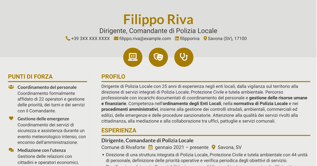 7 modelli di CV per Dirigente, Comandante di Polizia Locale - Sicurezza e Protezione Civile, con esempi