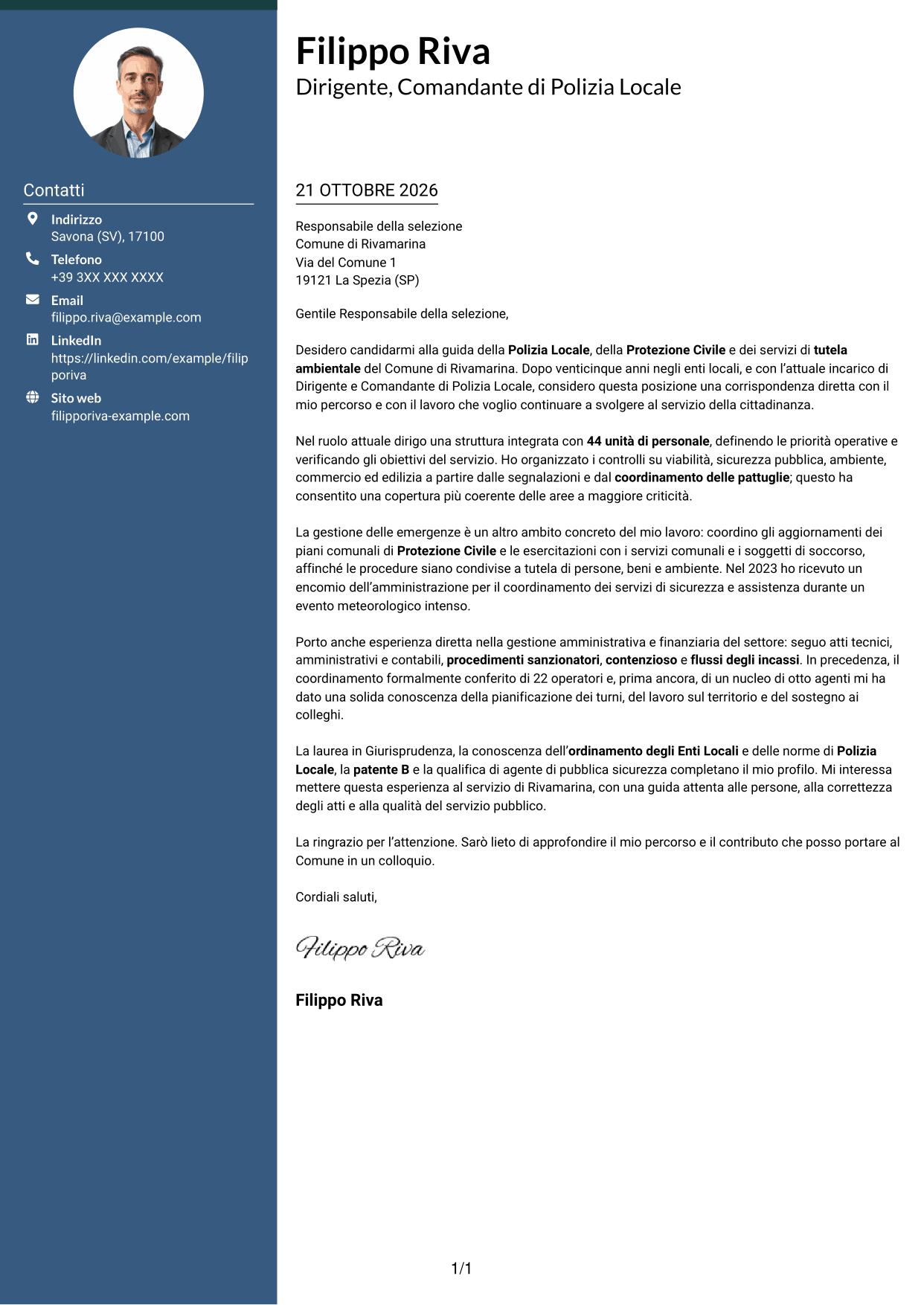 Lettera di presentazione Elegante (formato con colonna laterale colorata e foto): Dirigente, Comandante di Polizia Locale - Sicurezza e Protezione Civile, pagina 1