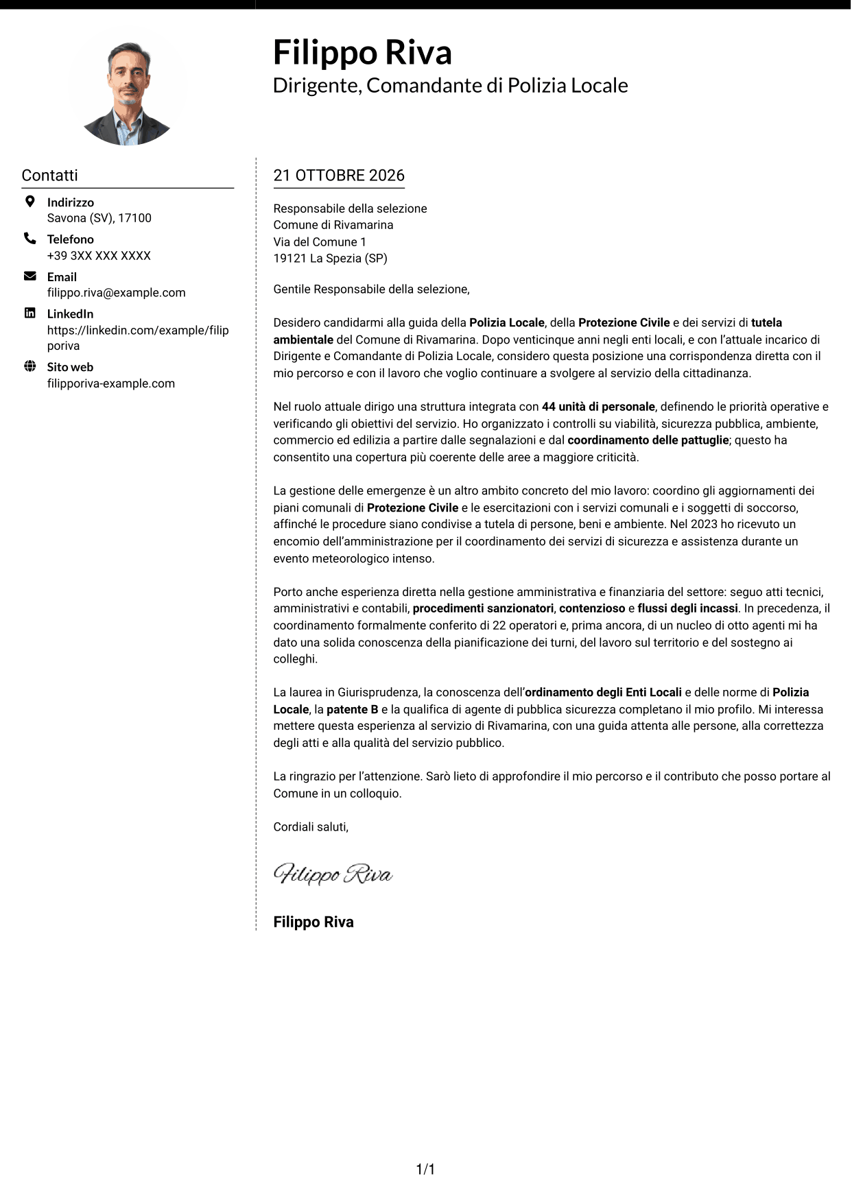 Lettera di presentazione Moderno (formato a due colonne con foto a sinistra e separatore): Dirigente, Comandante di Polizia Locale - Sicurezza e Protezione Civile, pagina 1
