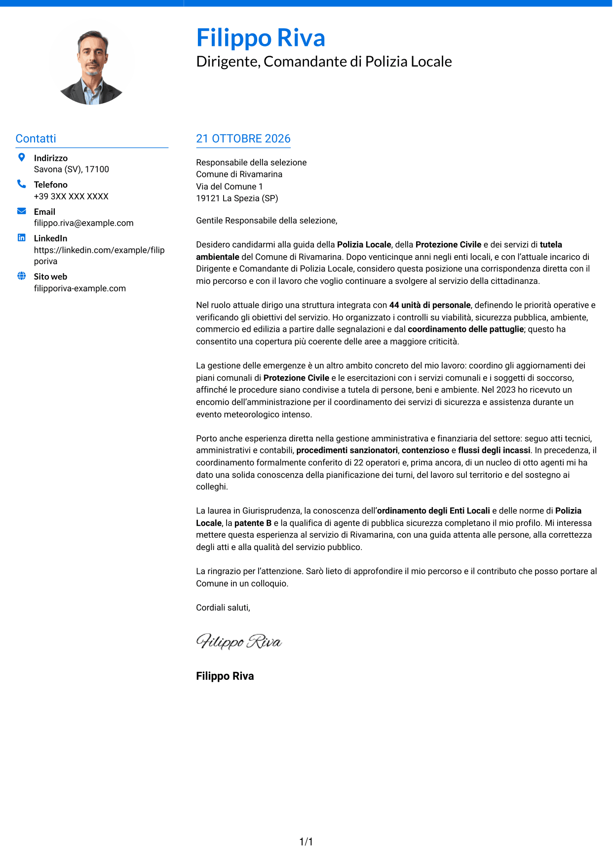Lettera di presentazione Audace (formato a due colonne con accenti colorati e foto): Dirigente, Comandante di Polizia Locale - Sicurezza e Protezione Civile, pagina 1