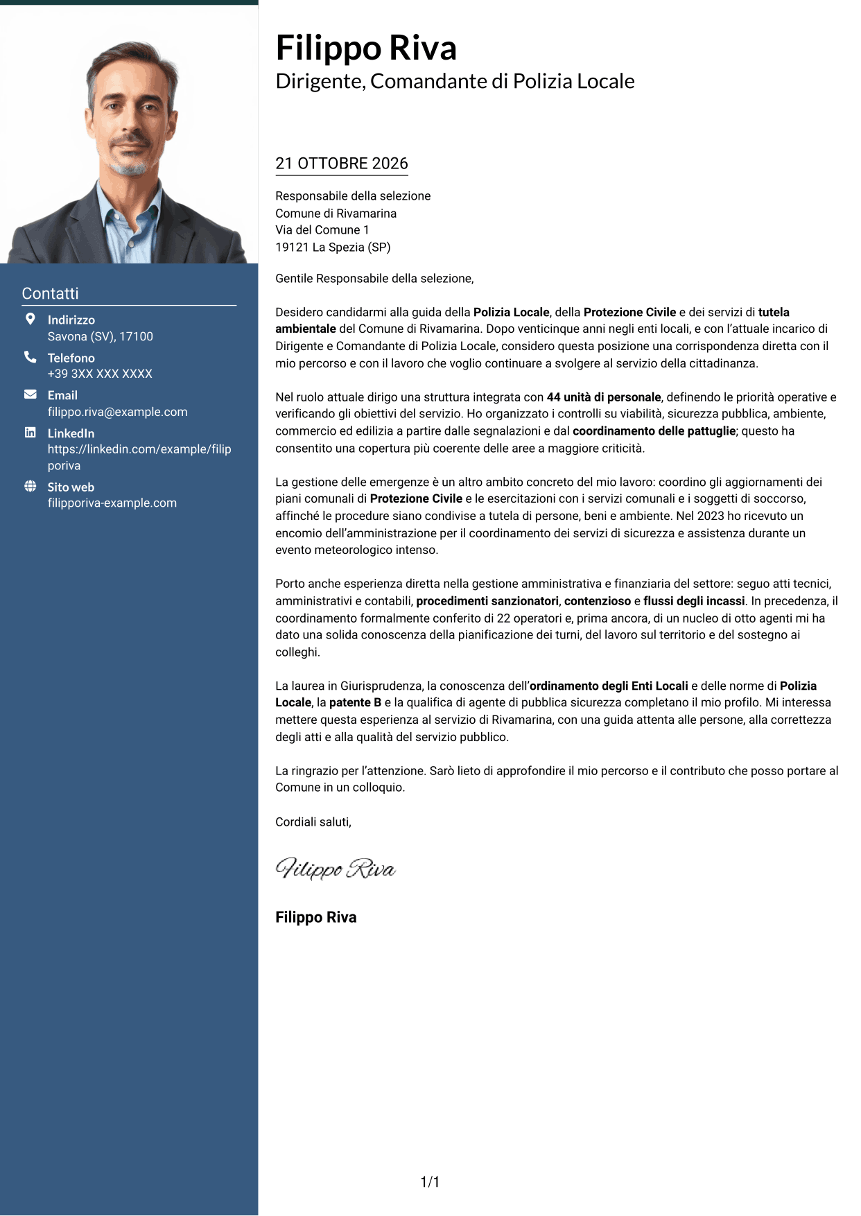 Lettera di presentazione Signature (formato con colonna laterale colorata e foto grande): Dirigente, Comandante di Polizia Locale - Sicurezza e Protezione Civile, pagina 1