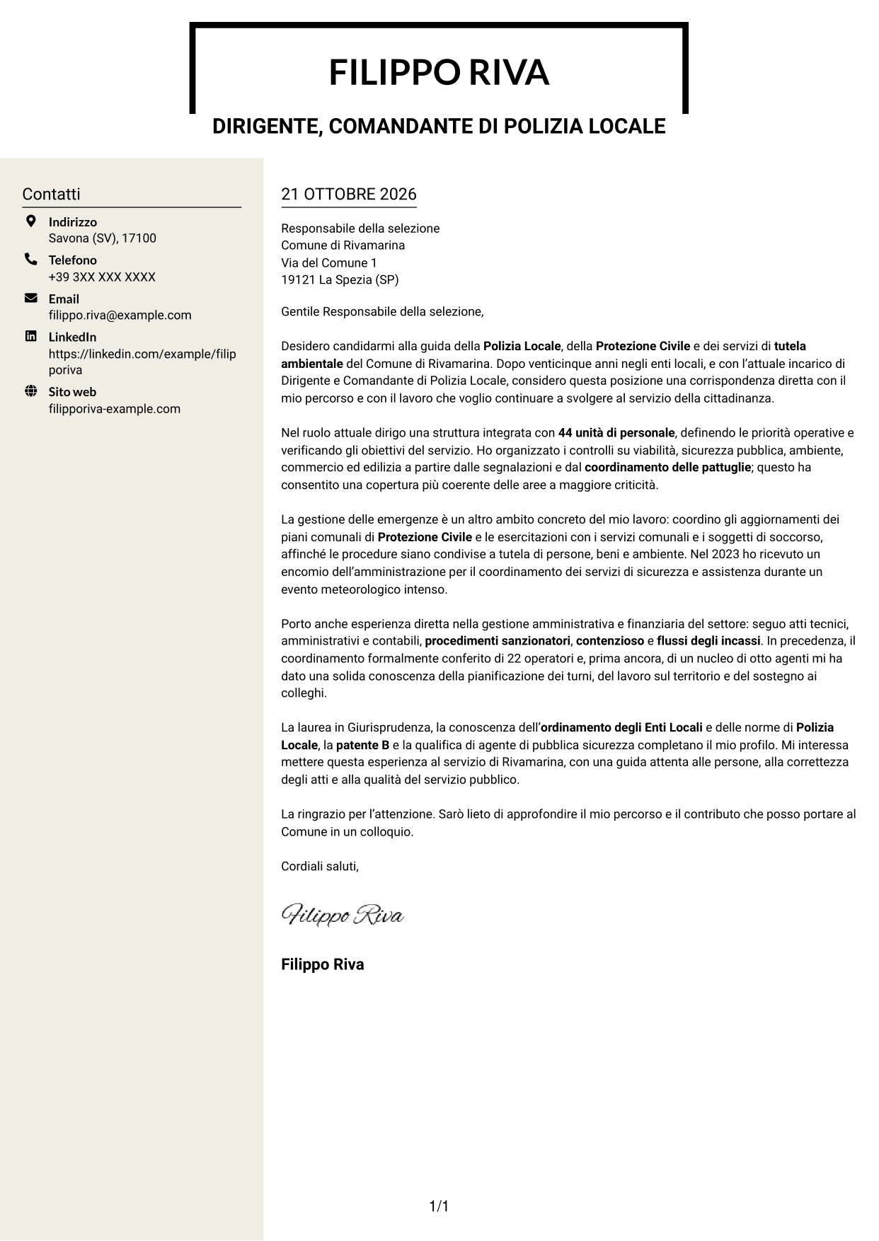 Lettera di presentazione Intraprendente (formato a due colonne con intestazione centrata senza foto): Dirigente, Comandante di Polizia Locale - Sicurezza e Protezione Civile, pagina 1