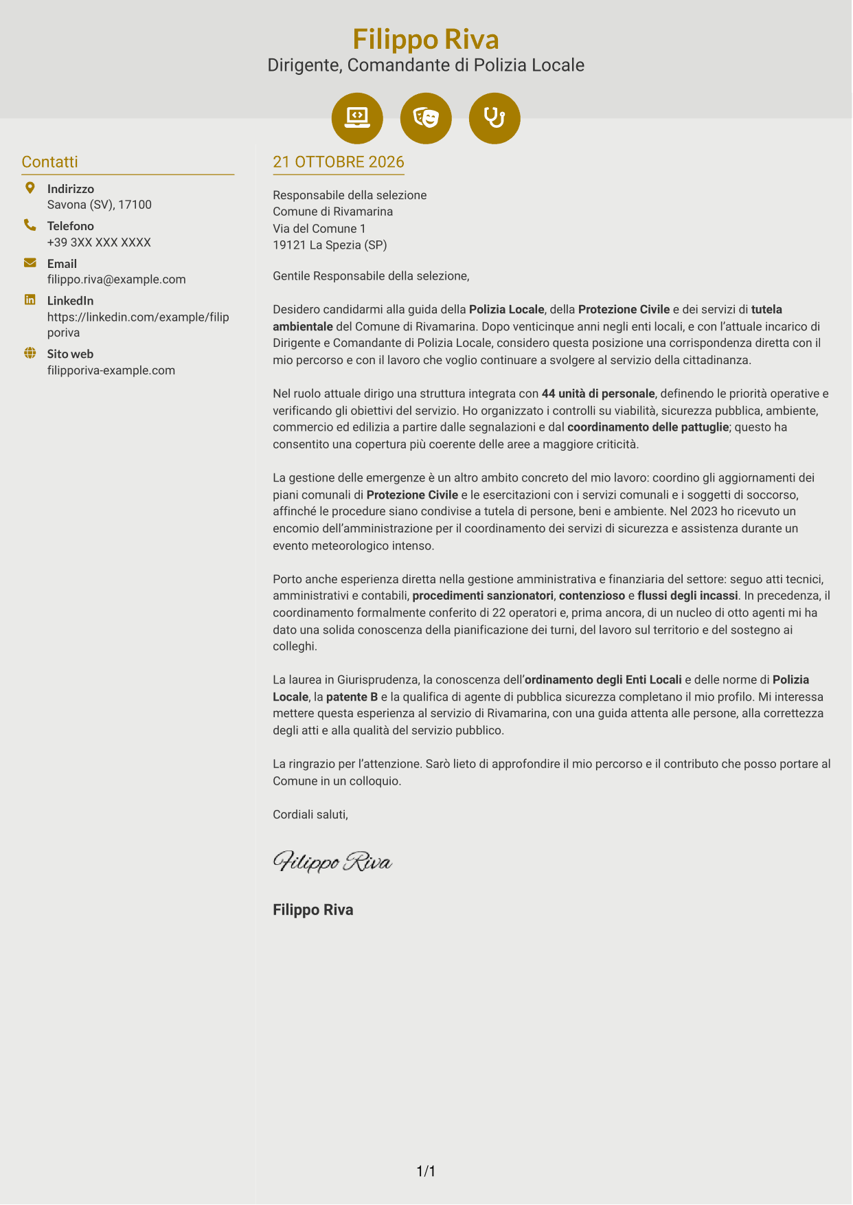 Lettera di presentazione Dinamico (formato a due colonne con icone): Dirigente, Comandante di Polizia Locale - Sicurezza e Protezione Civile, pagina 1