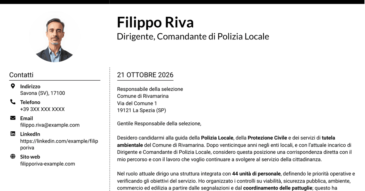 7 modelli di lettera di presentazione per Dirigente, Comandante di Polizia Locale - Sicurezza e Protezione Civile, con esempi