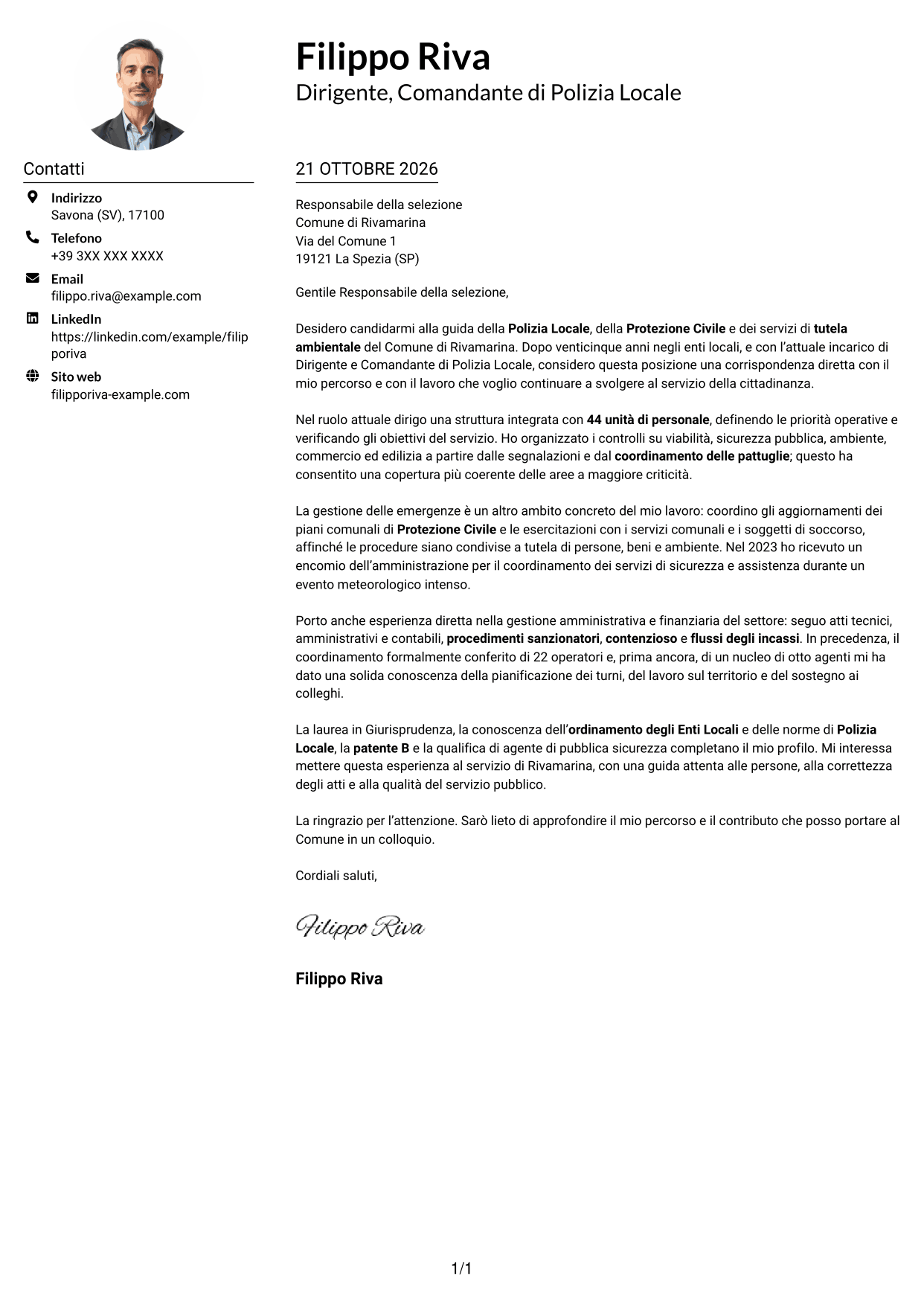 Esempio di lettera di presentazione — pagina 1