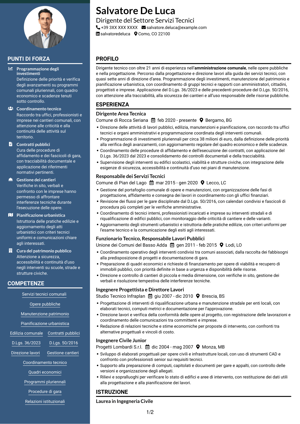 CV Elegante (formato con colonna laterale colorata e foto): Dirigente del Settore Servizi Tecnici, pagina 1
