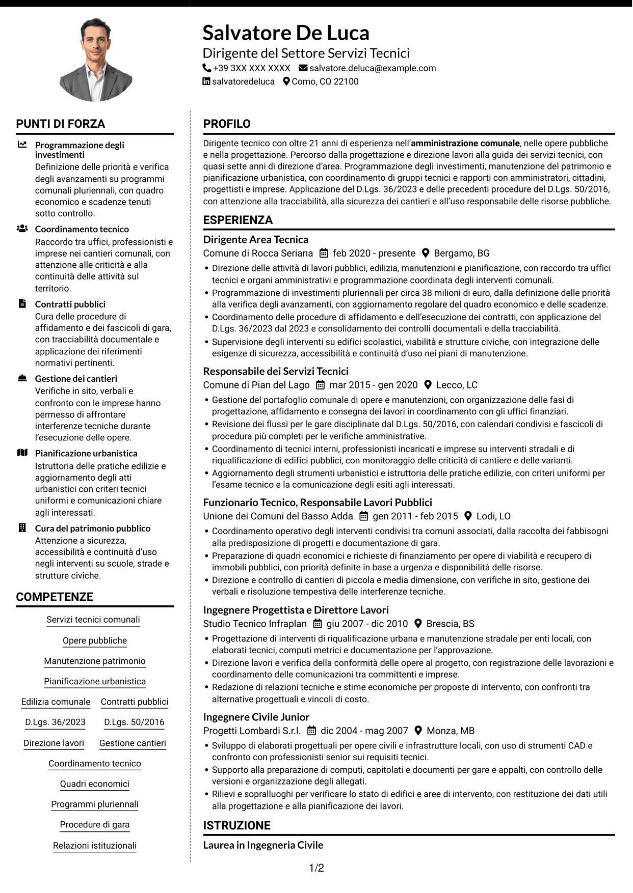CV Moderno (formato a due colonne con foto a sinistra e separatore): Dirigente del Settore Servizi Tecnici, pagina 1