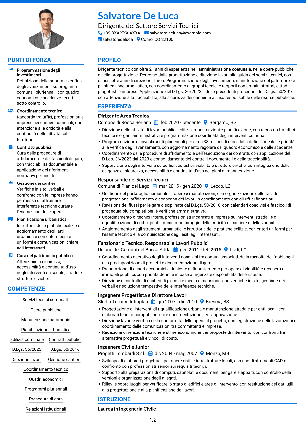 CV Audace (formato a due colonne con accenti colorati e foto): Dirigente del Settore Servizi Tecnici, pagina 1