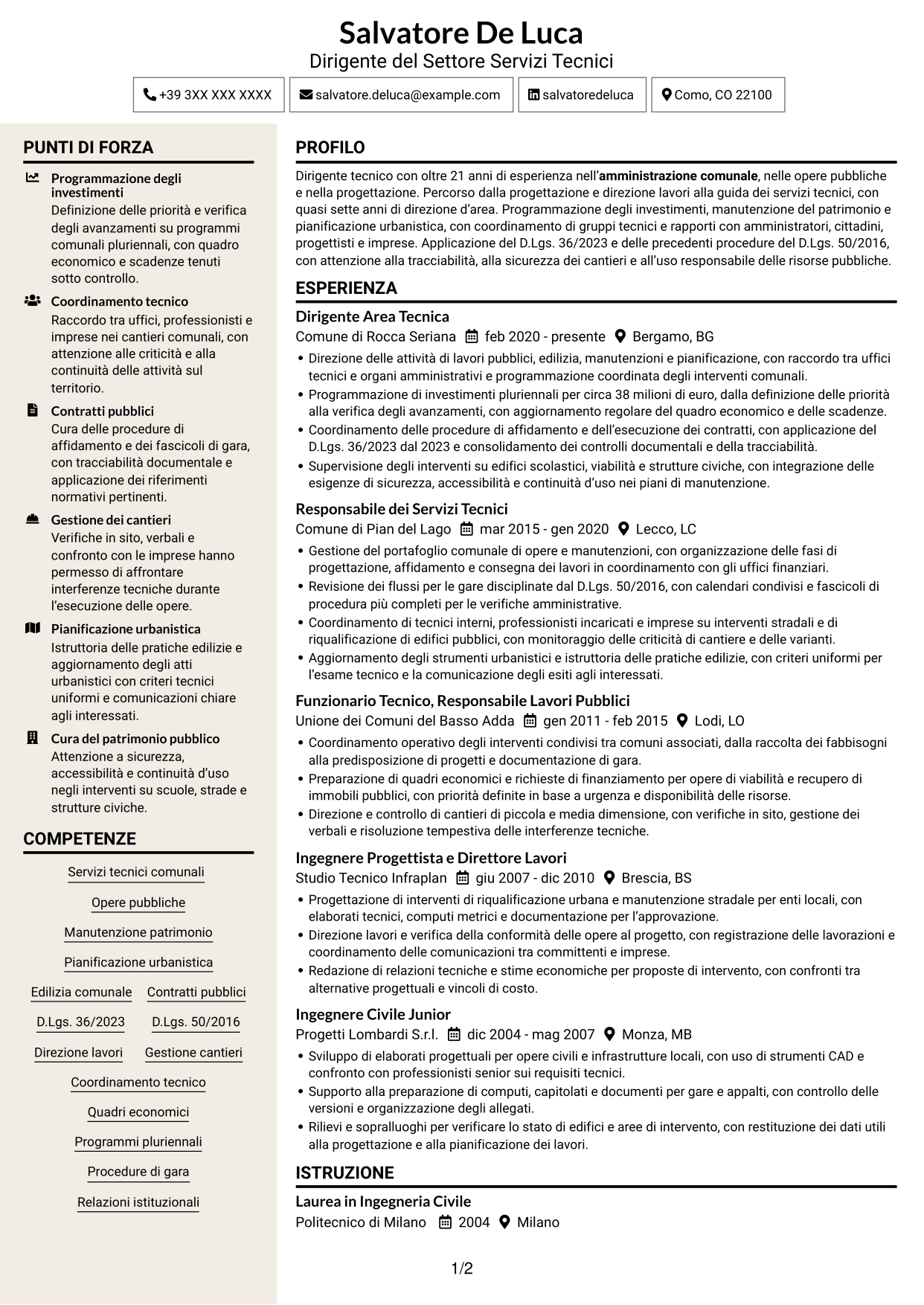 CV Intraprendente (formato a due colonne con intestazione centrata senza foto): Dirigente del Settore Servizi Tecnici, pagina 1