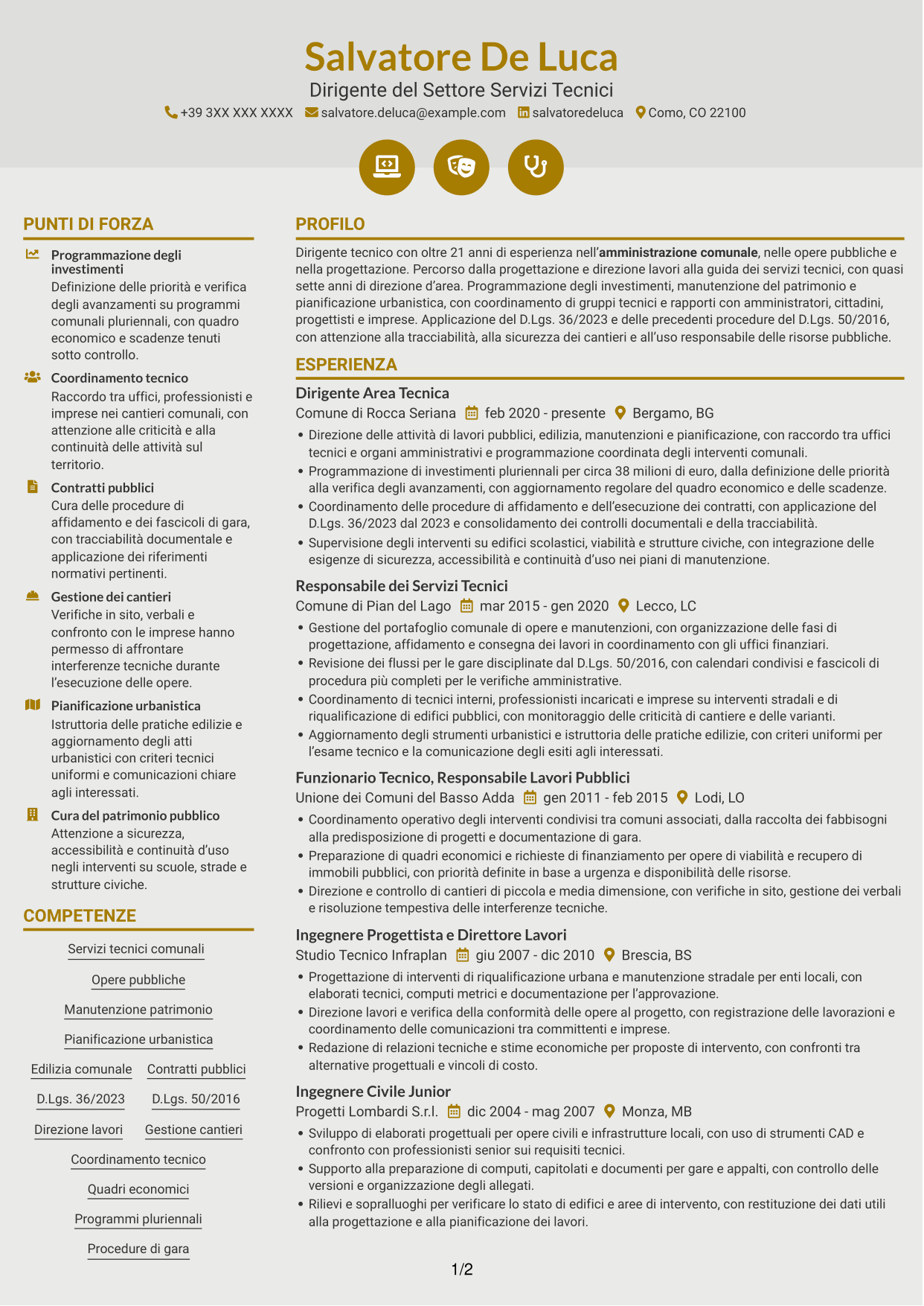 CV Dinamico (formato a due colonne con icone): Dirigente del Settore Servizi Tecnici, pagina 1