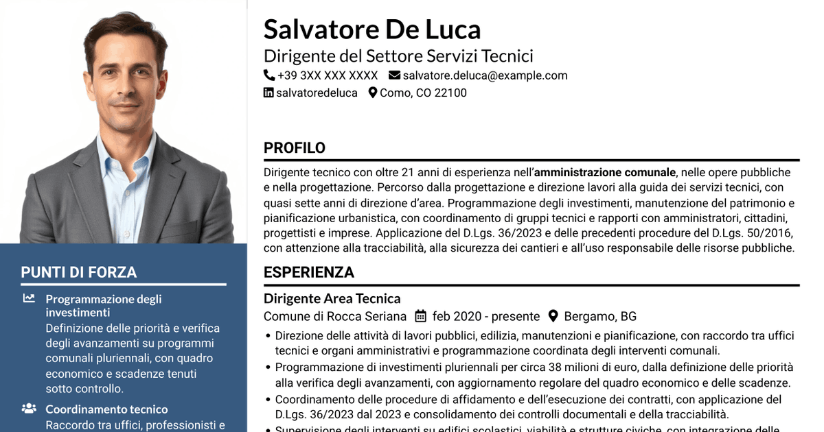 7 modelli di CV per Dirigente del Settore Servizi Tecnici, con esempi