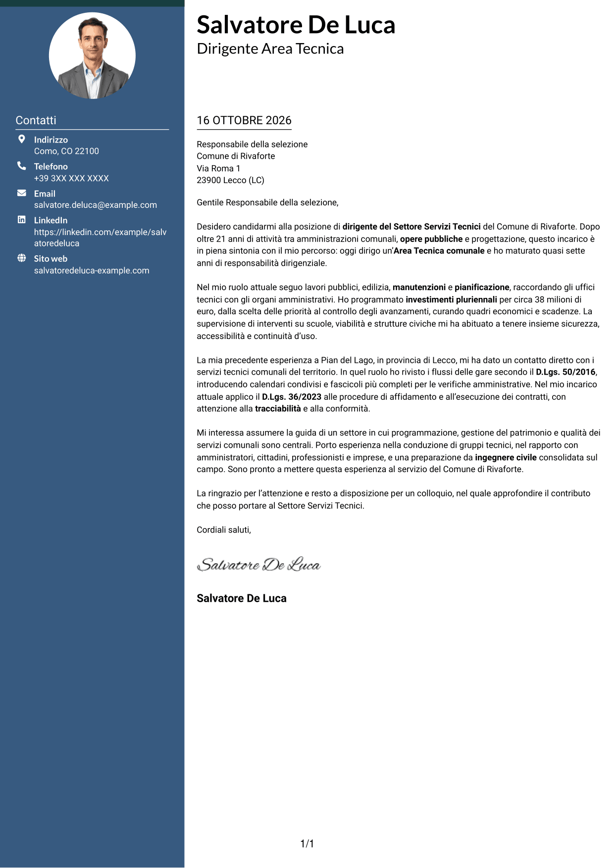 Lettera di presentazione Elegante (formato con colonna laterale colorata e foto): Dirigente del Settore Servizi Tecnici, pagina 1