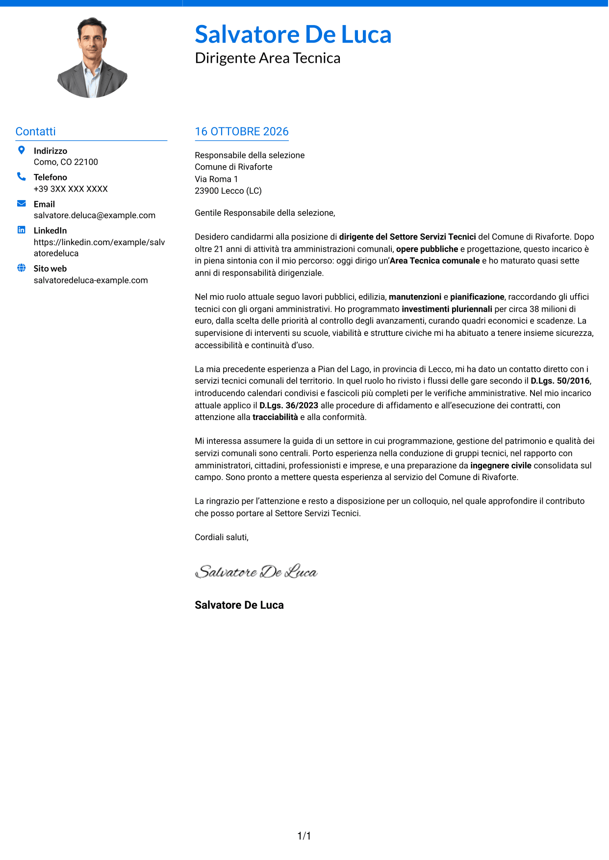 Lettera di presentazione Audace (formato a due colonne con accenti colorati e foto): Dirigente del Settore Servizi Tecnici, pagina 1