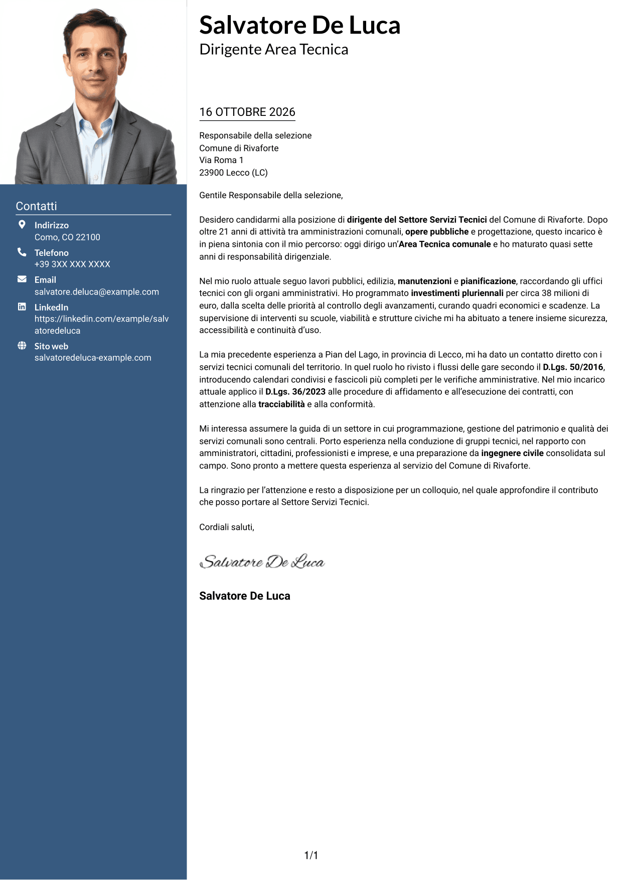 Lettera di presentazione Signature (formato con colonna laterale colorata e foto grande): Dirigente del Settore Servizi Tecnici, pagina 1