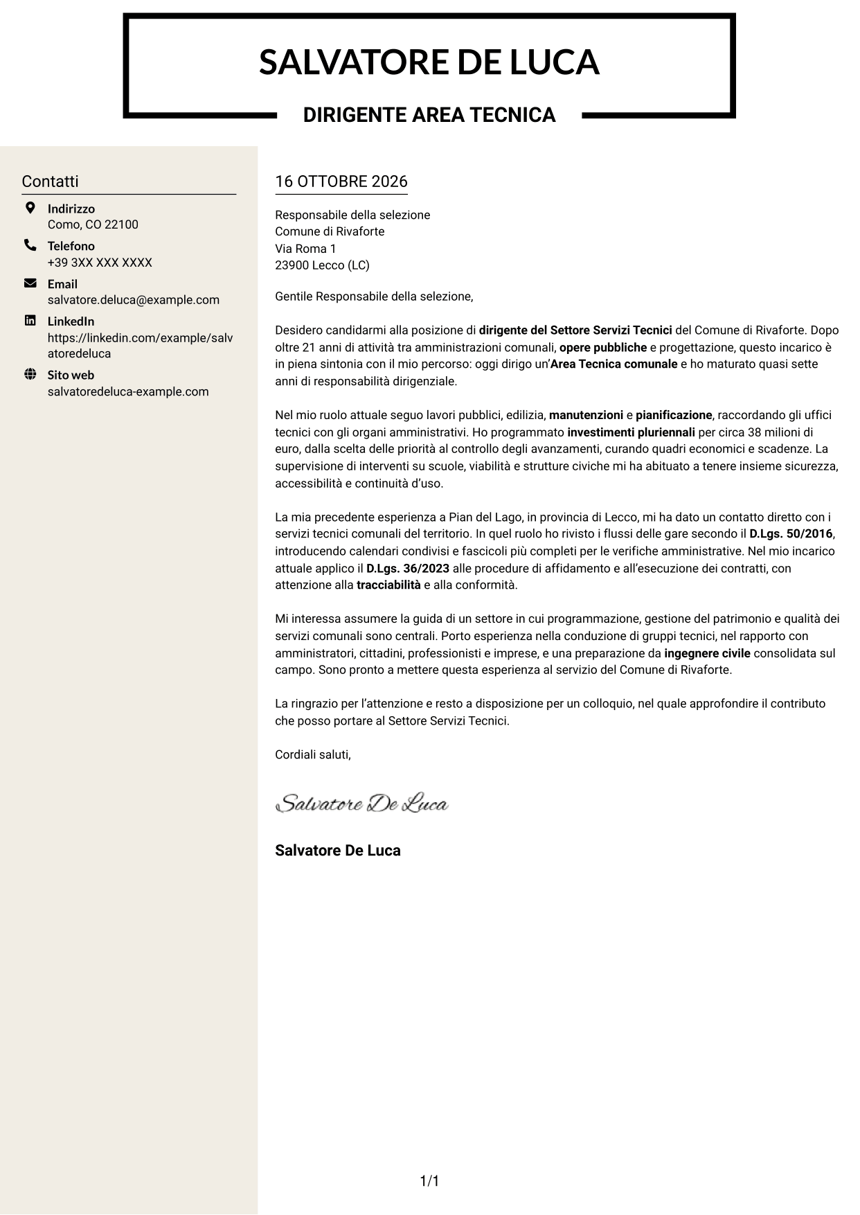 Lettera di presentazione Intraprendente (formato a due colonne con intestazione centrata senza foto): Dirigente del Settore Servizi Tecnici, pagina 1