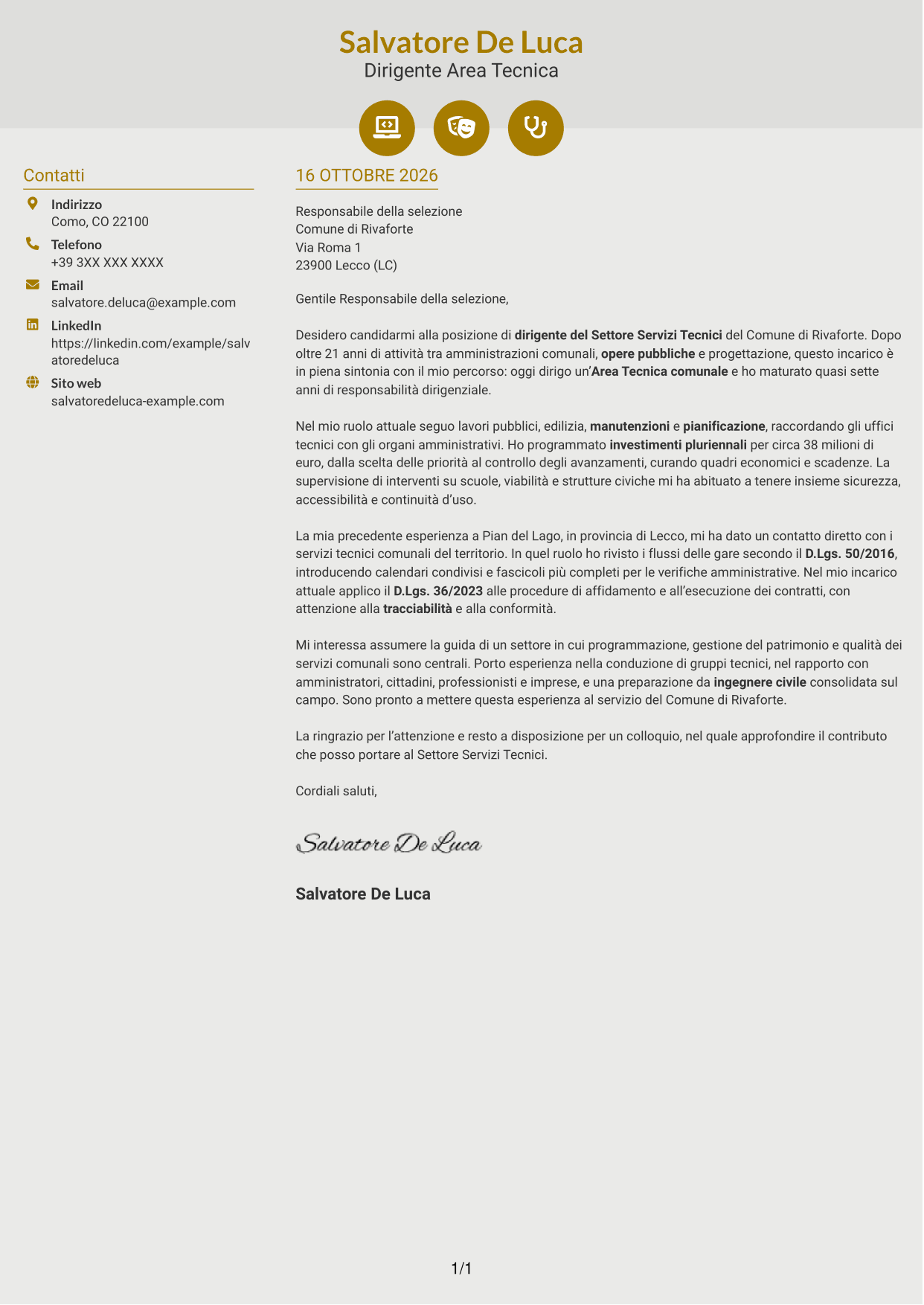 Lettera di presentazione Dinamico (formato a due colonne con icone): Dirigente del Settore Servizi Tecnici, pagina 1