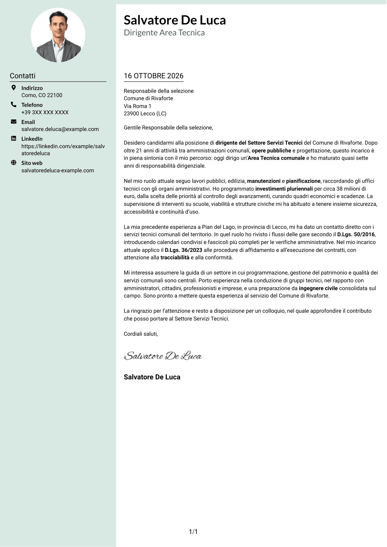 Lettera di presentazione Dirigente (formato con colonna laterale tenue e foto arrotondata): Dirigente del Settore Servizi Tecnici, pagina 1