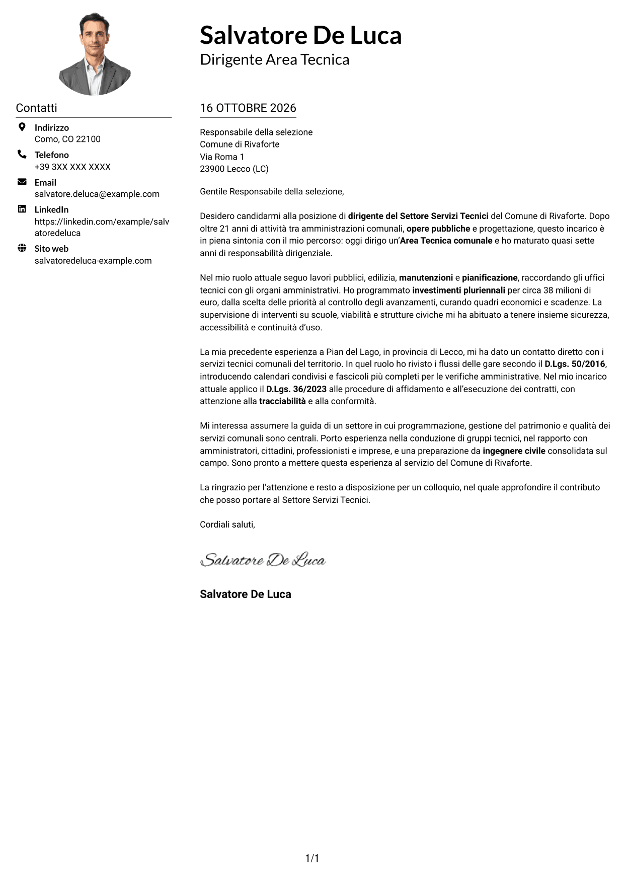 Esempio di lettera di presentazione — pagina 1