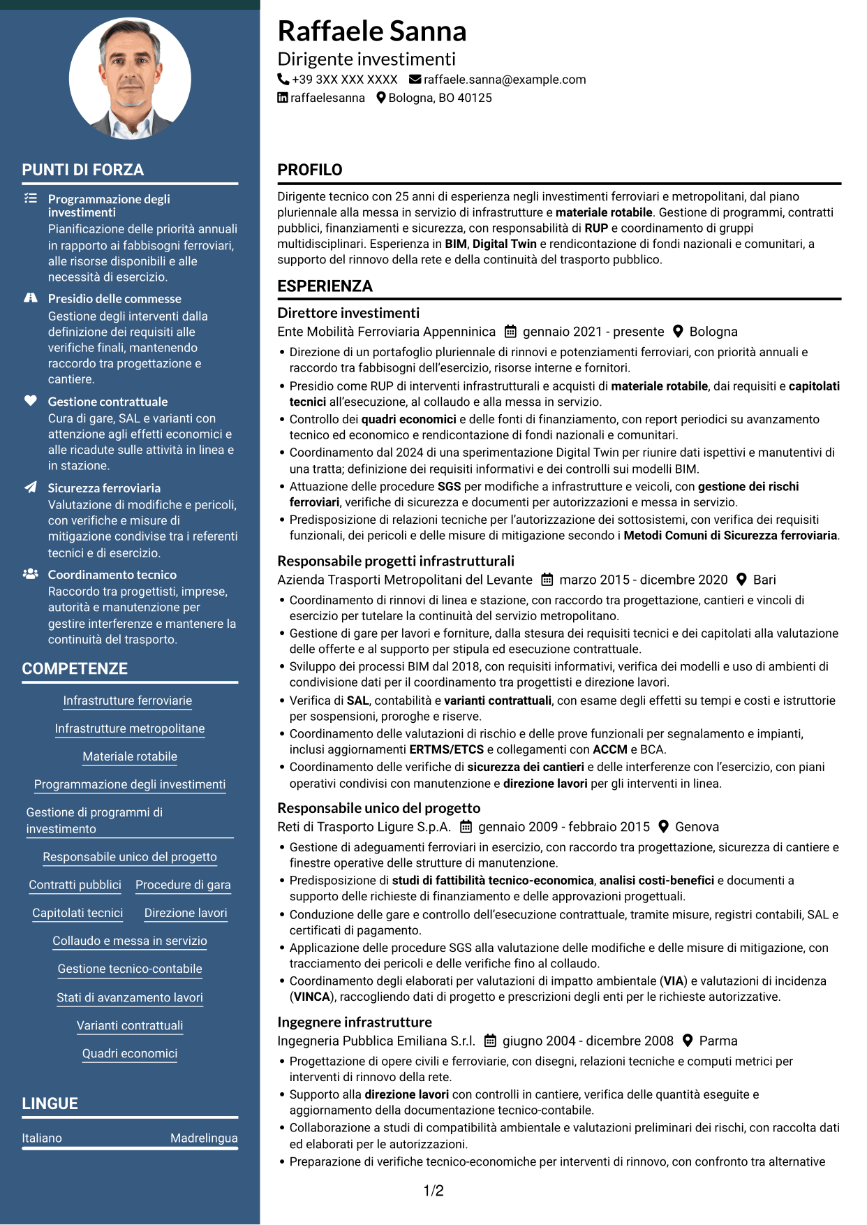 CV Elegante (formato con colonna laterale colorata e foto): Dirigente Investimenti - Infrastrutture ferroviarie e metropolitane, pagina 1