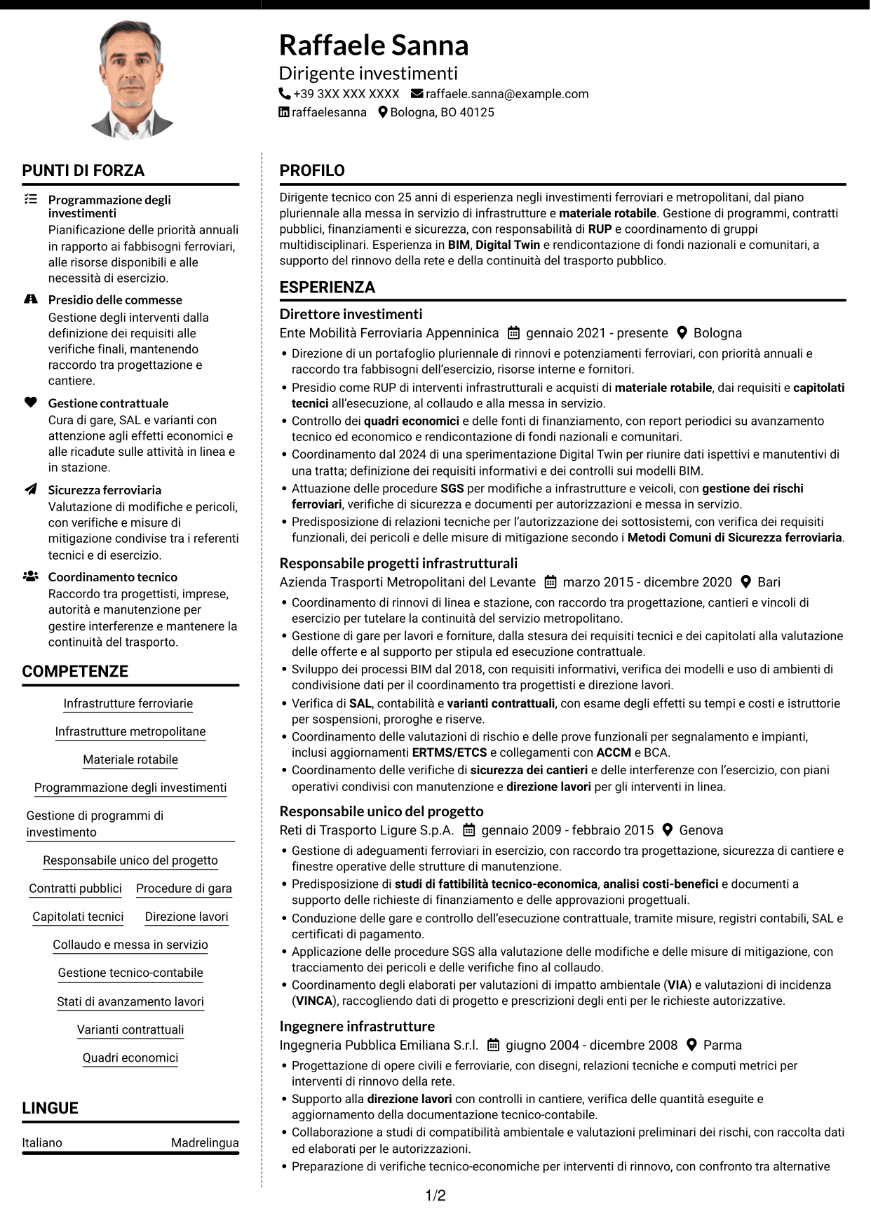 CV Moderno (formato a due colonne con foto a sinistra e separatore): Dirigente Investimenti - Infrastrutture ferroviarie e metropolitane, pagina 1
