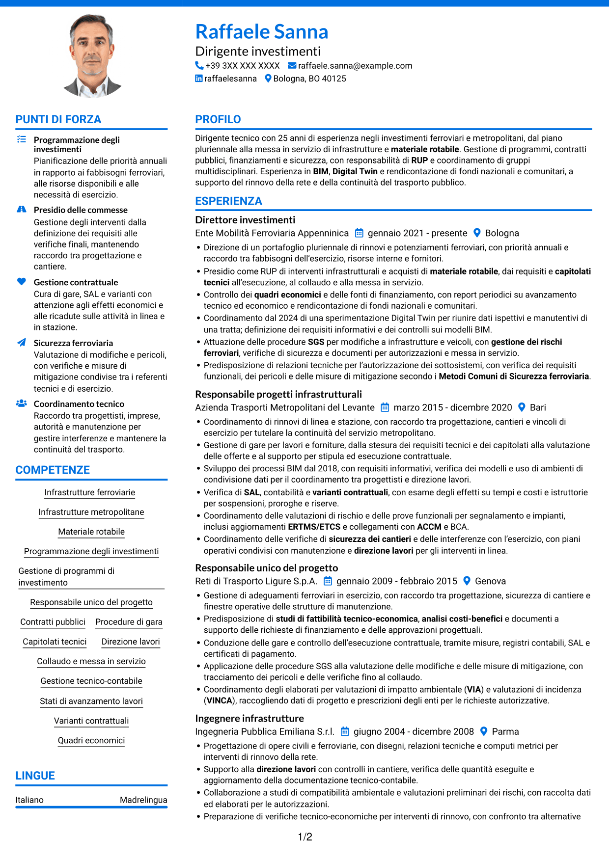 CV Audace (formato a due colonne con accenti colorati e foto): Dirigente Investimenti - Infrastrutture ferroviarie e metropolitane, pagina 1