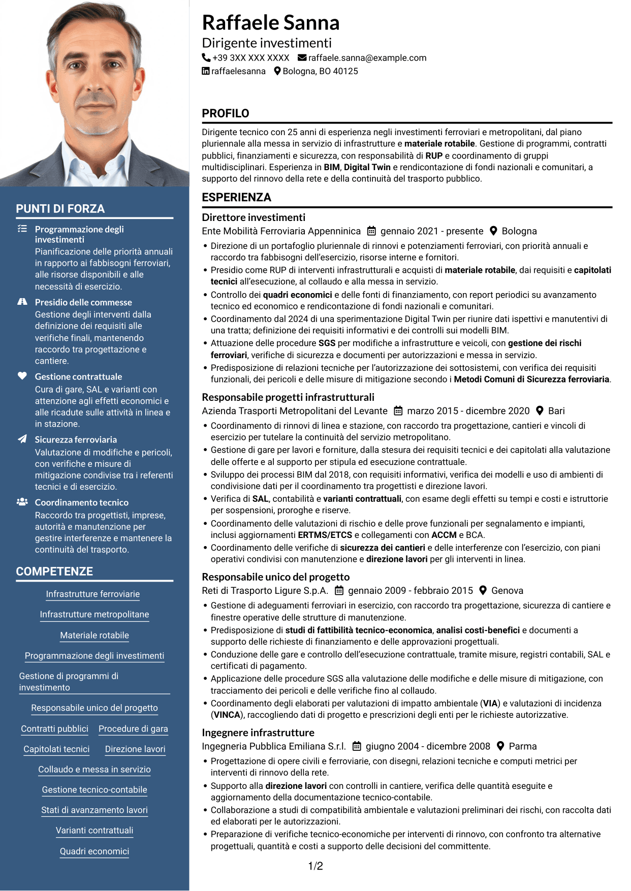 CV Signature (formato con colonna laterale colorata e foto grande): Dirigente Investimenti - Infrastrutture ferroviarie e metropolitane, pagina 1