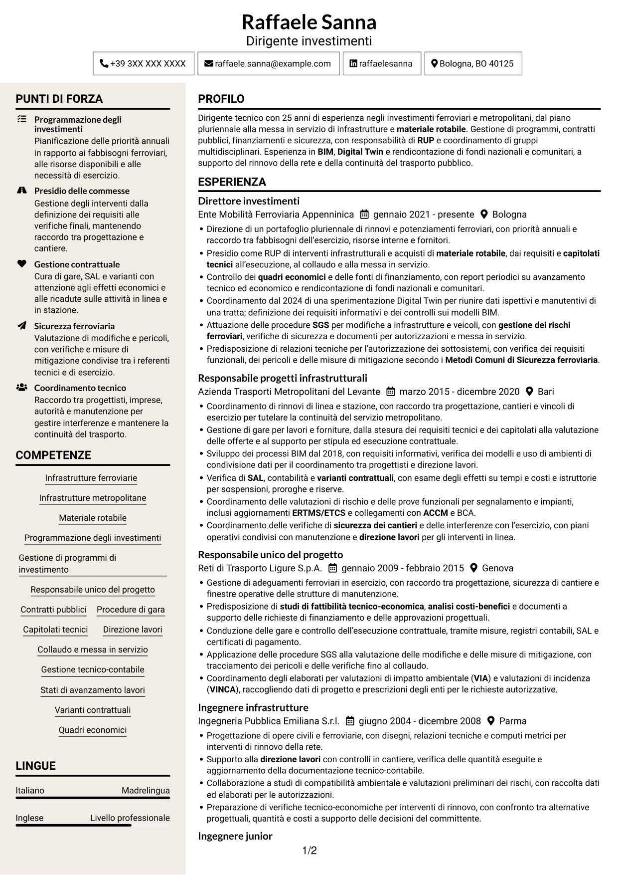 CV Intraprendente (formato a due colonne con intestazione centrata senza foto): Dirigente Investimenti - Infrastrutture ferroviarie e metropolitane, pagina 1